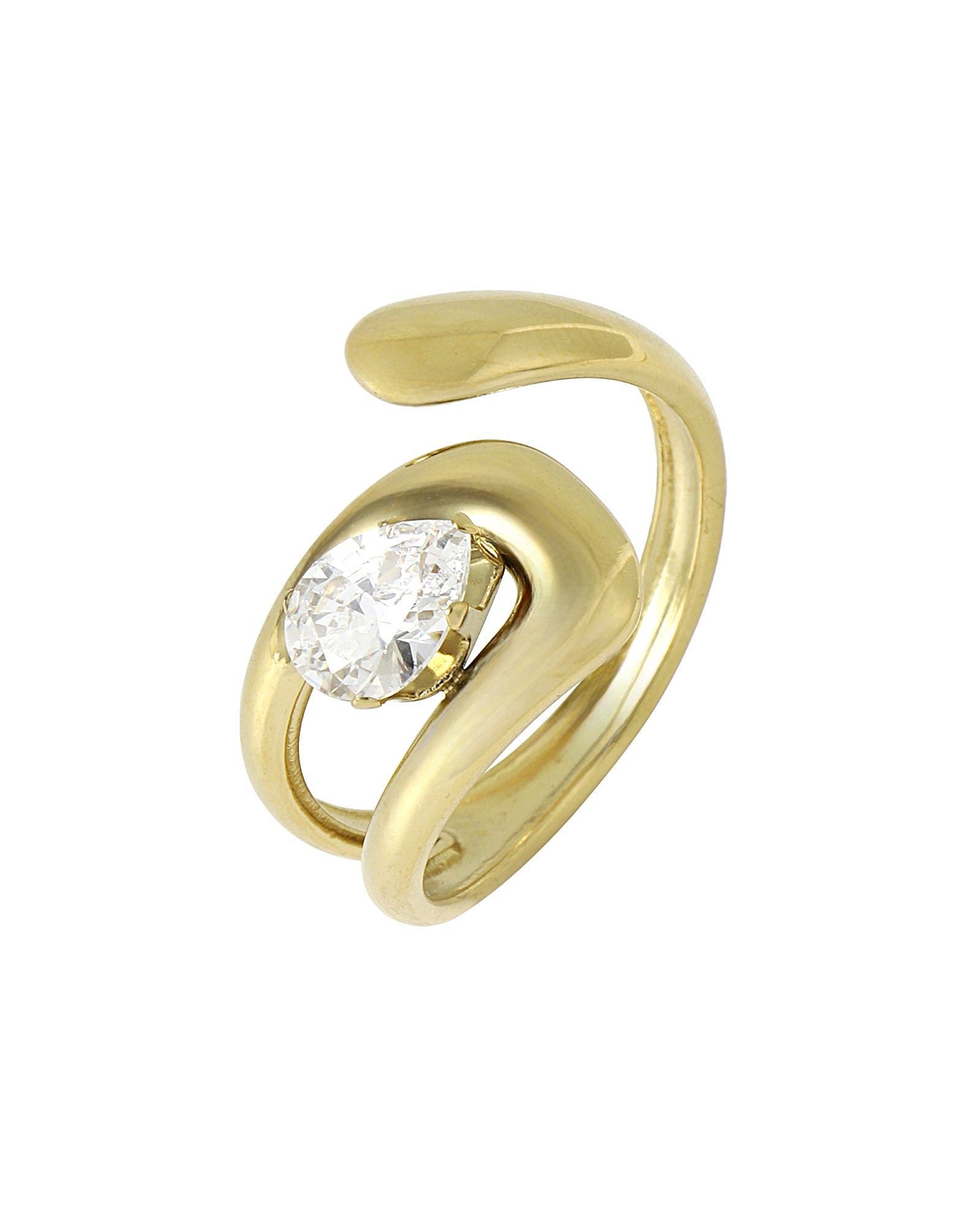BAGUE EN ACIER DORE VAGUE AVEC GOUTTE + SOLITAIRE