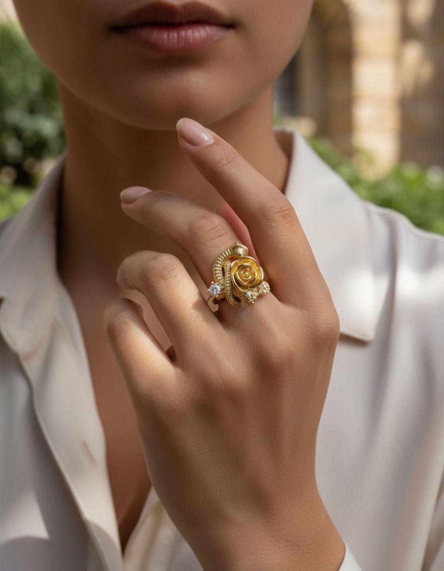 BAGUE EN ACIER DORE SERPENT AVEC ROSE + ZIRCONIUM