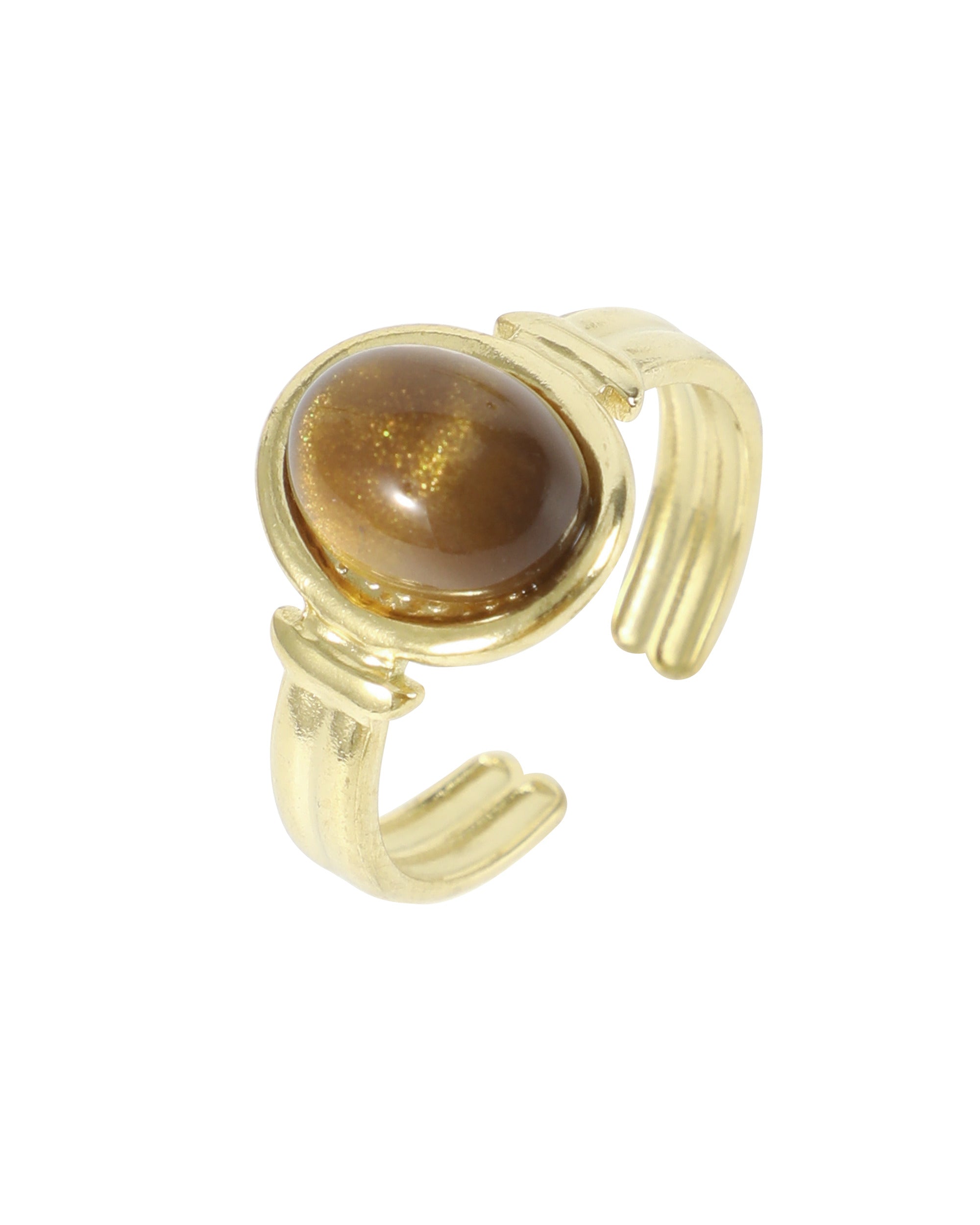 BAGUE EN ACIER DORE OEIL DE TIGRE