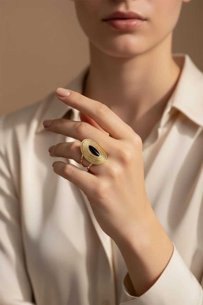 BAGUE EN ACIER DORE  OVALE MARTELÉ AVEC MOTIF CENTRAL NOIR