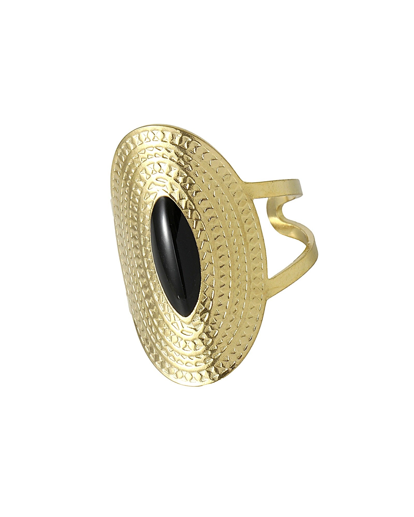 BAGUE EN ACIER DORE  OVALE MARTELÉ AVEC MOTIF CENTRAL NOIR