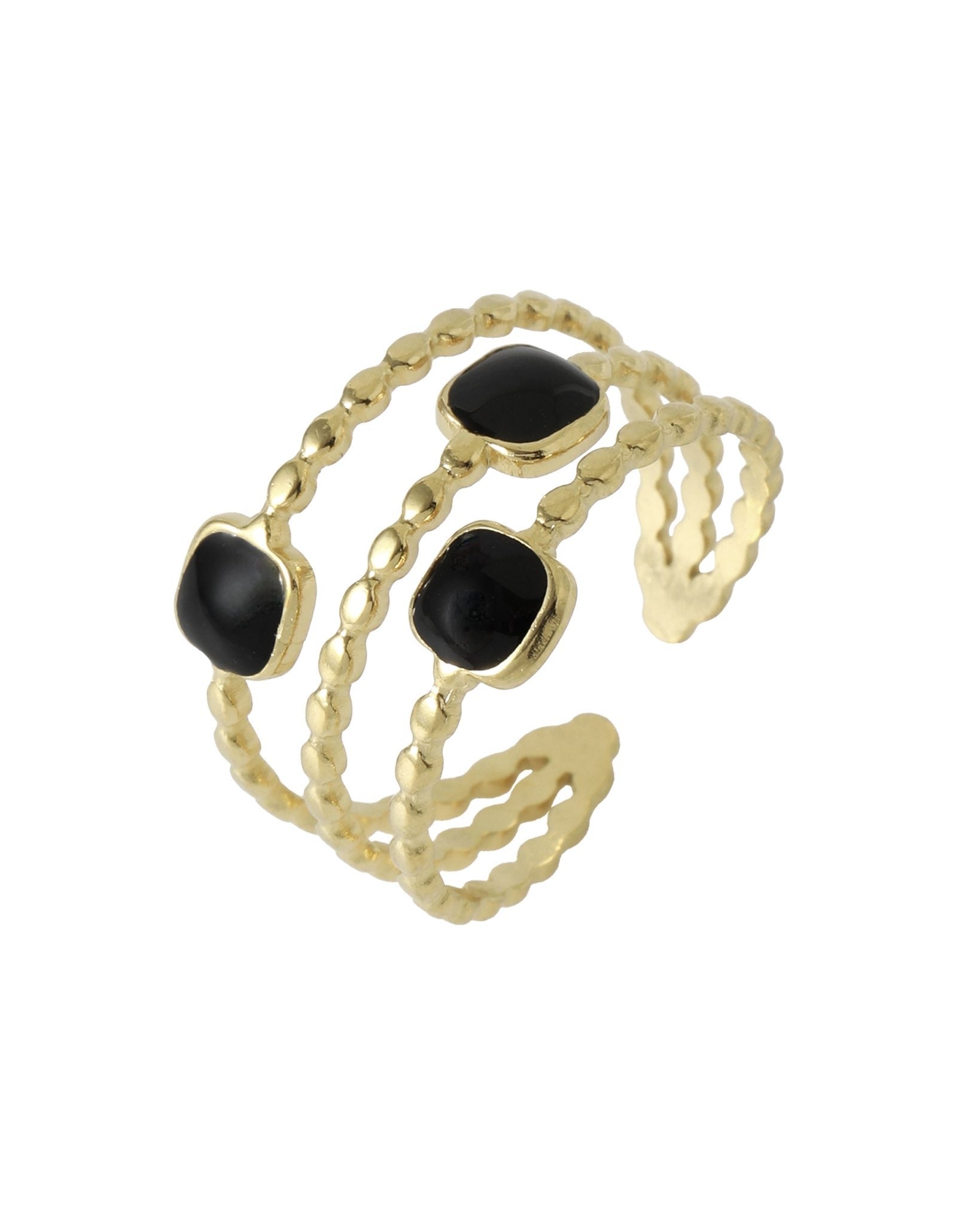 BAGUE EN ACIER DORÉ TRIPLES LIGNES AVEC CARRÉS COULEUR ONYX