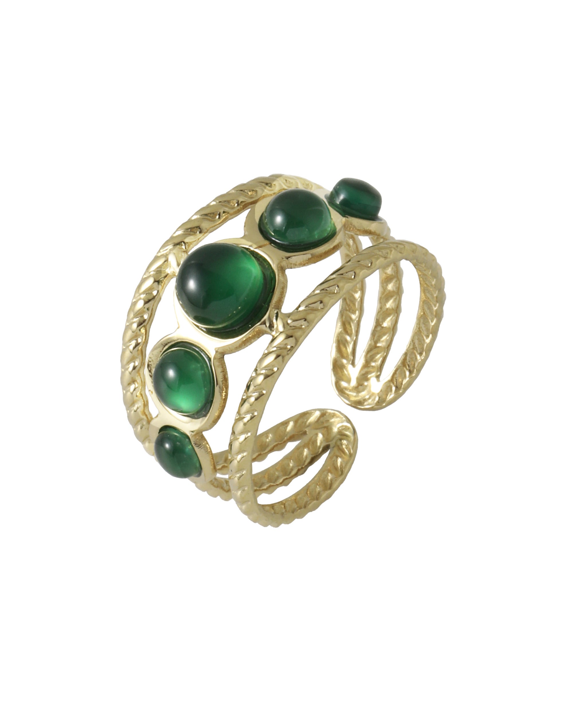 BAGUE EN ACIER DORÉ AVEC PERLES COULEUR ÉMERAUDE