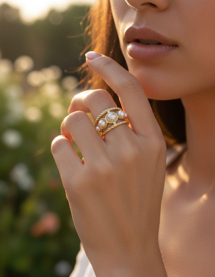 BAGUE EN ACIER DORÉ AVEC PERLES BLANCHES
