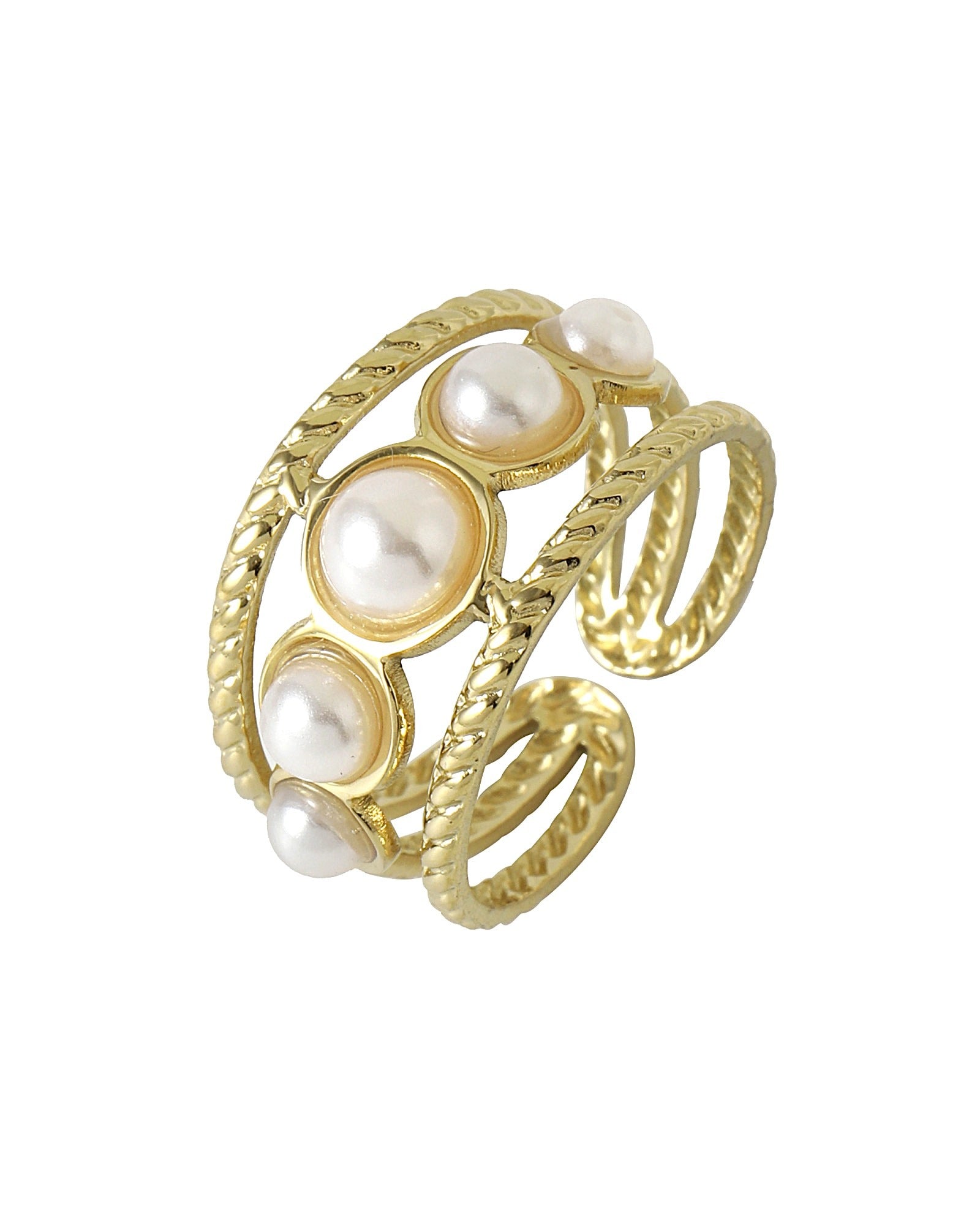 BAGUE EN ACIER DORÉ AVEC PERLES BLANCHES