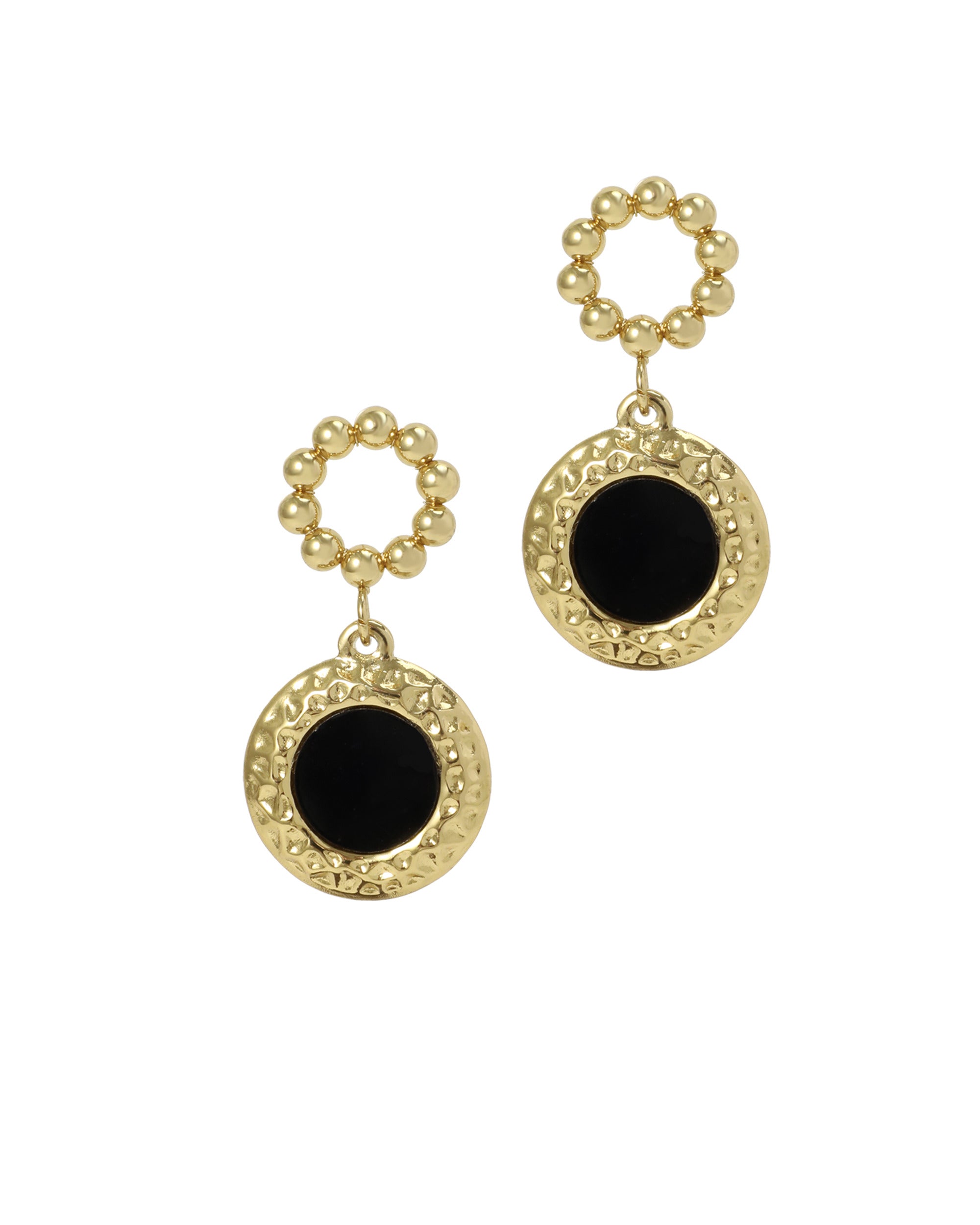BOUCLES D'OREILLES EN ACIER DORÉ JEUX DE CERCLES AVEC PASTILLE ONYX