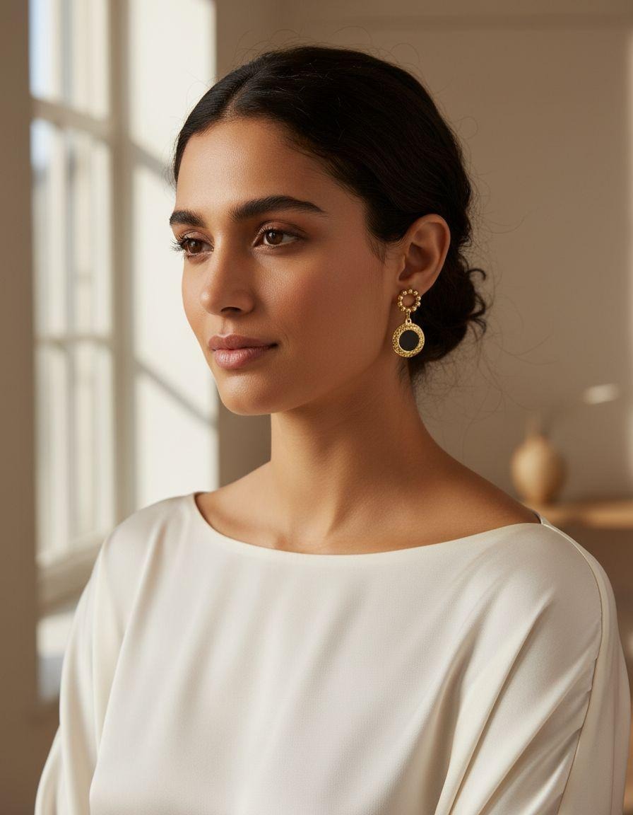 BOUCLES D'OREILLES EN ACIER DORÉ JEUX DE CERCLES AVEC PASTILLE ONYX