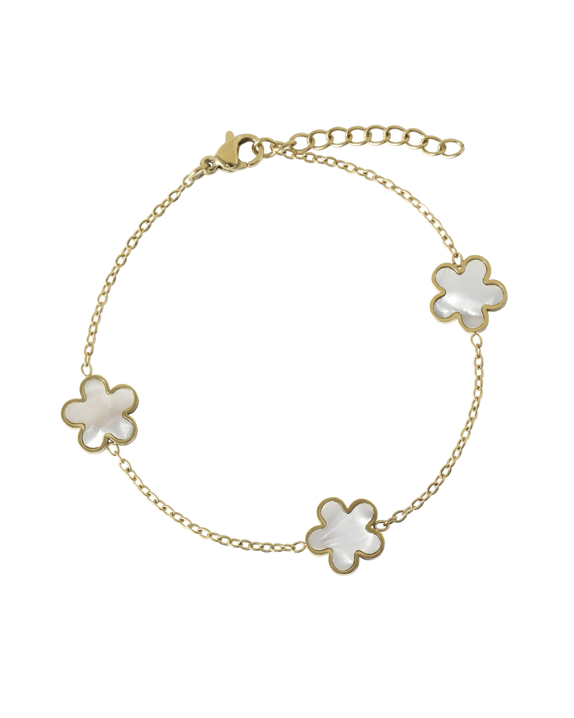 BRACELET EN ACIER DORE FLEURI ORNE DE NACRE BLANCHE