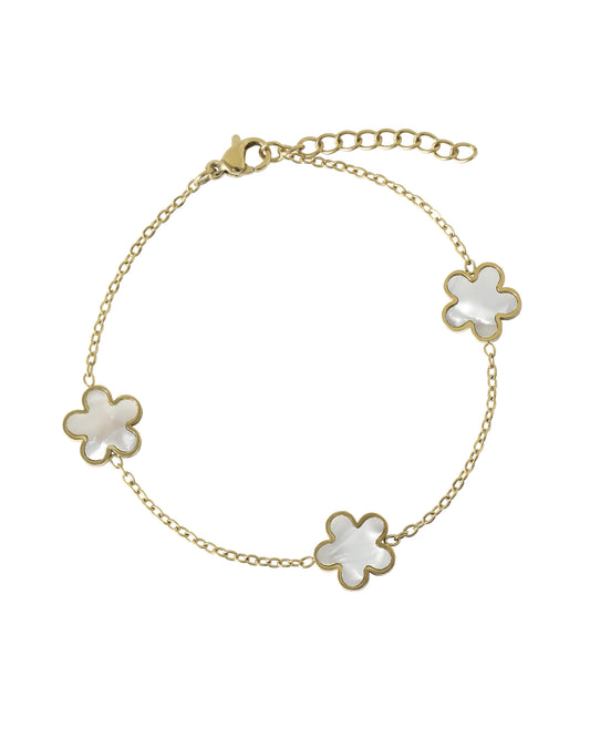 Bracelet en acier doré fleuri orne de nacre blanche