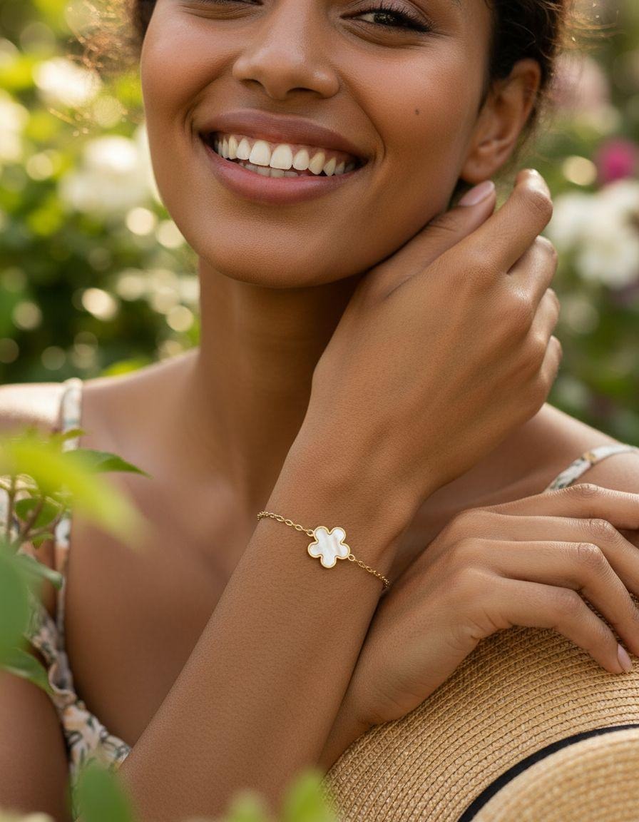 BRACELET EN ACIER DORE FLEURI ORNE DE NACRE BLANCHE