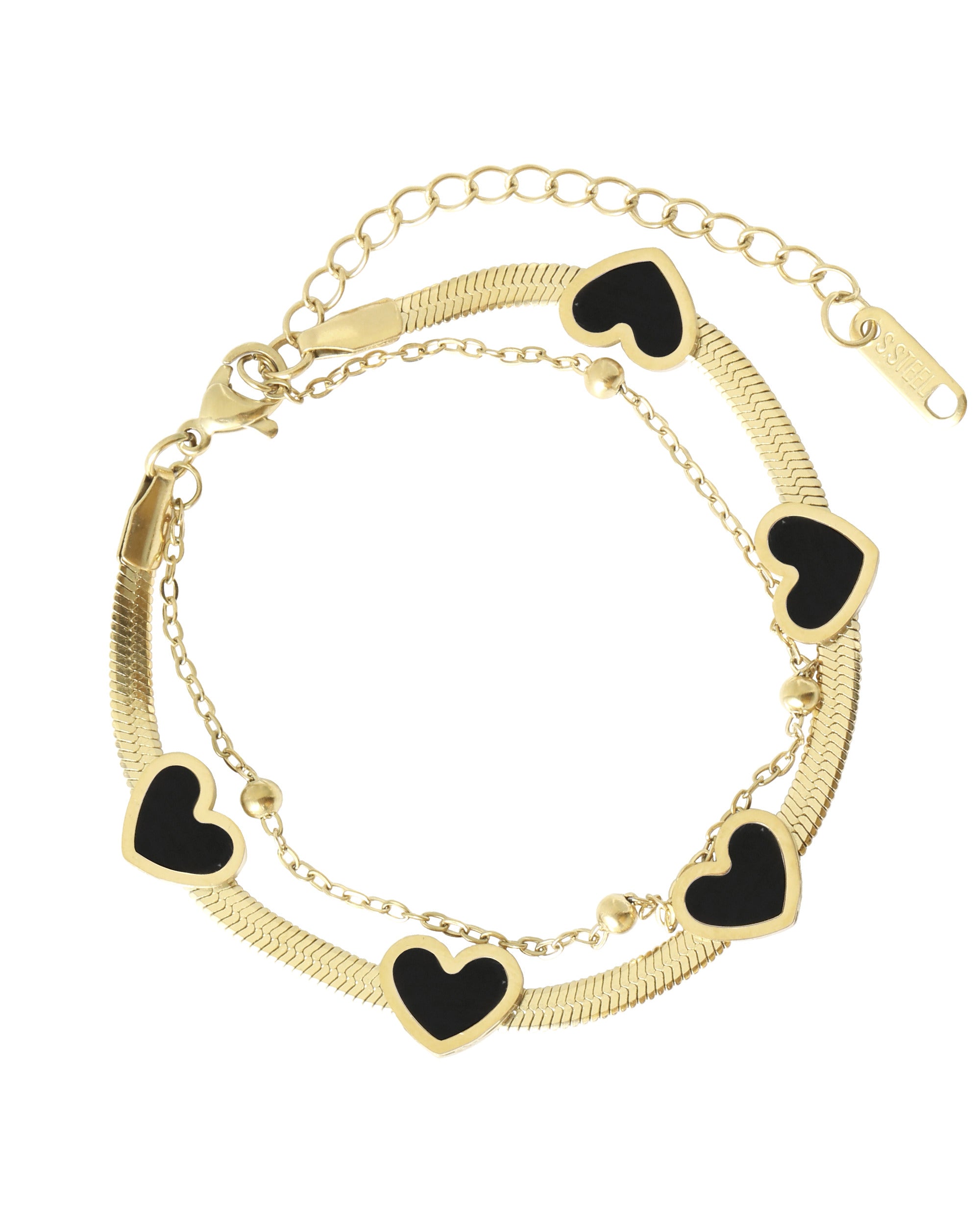 BRACELET EN ACIER DOUBLE MAILLE AVEC COEUR ONYX ET BILLES