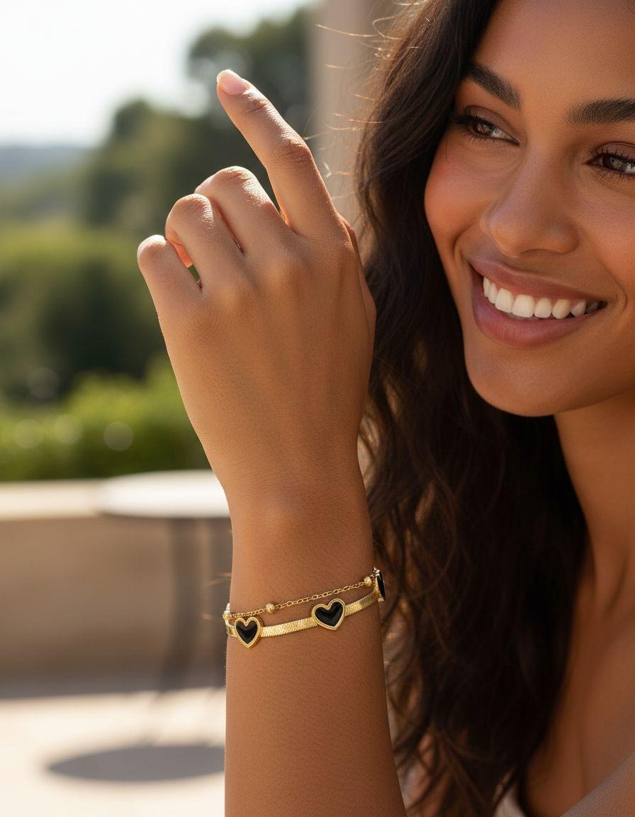 BRACELET EN ACIER DOUBLE MAILLE AVEC COEUR ONYX ET BILLES