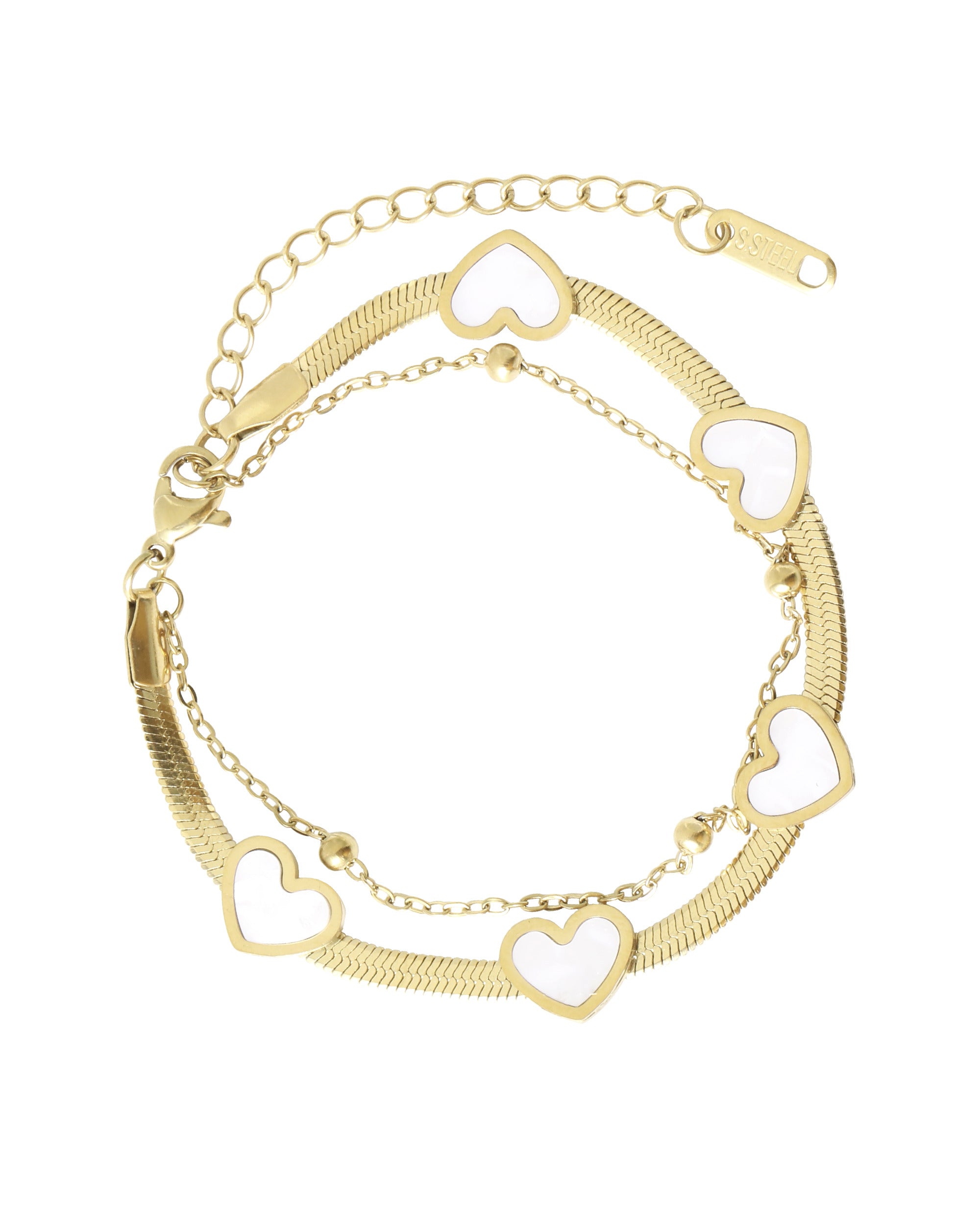 BRACELET EN ACIER DORE DOUBLE MAILLE AVEC COEUR NACRE ET BILLES