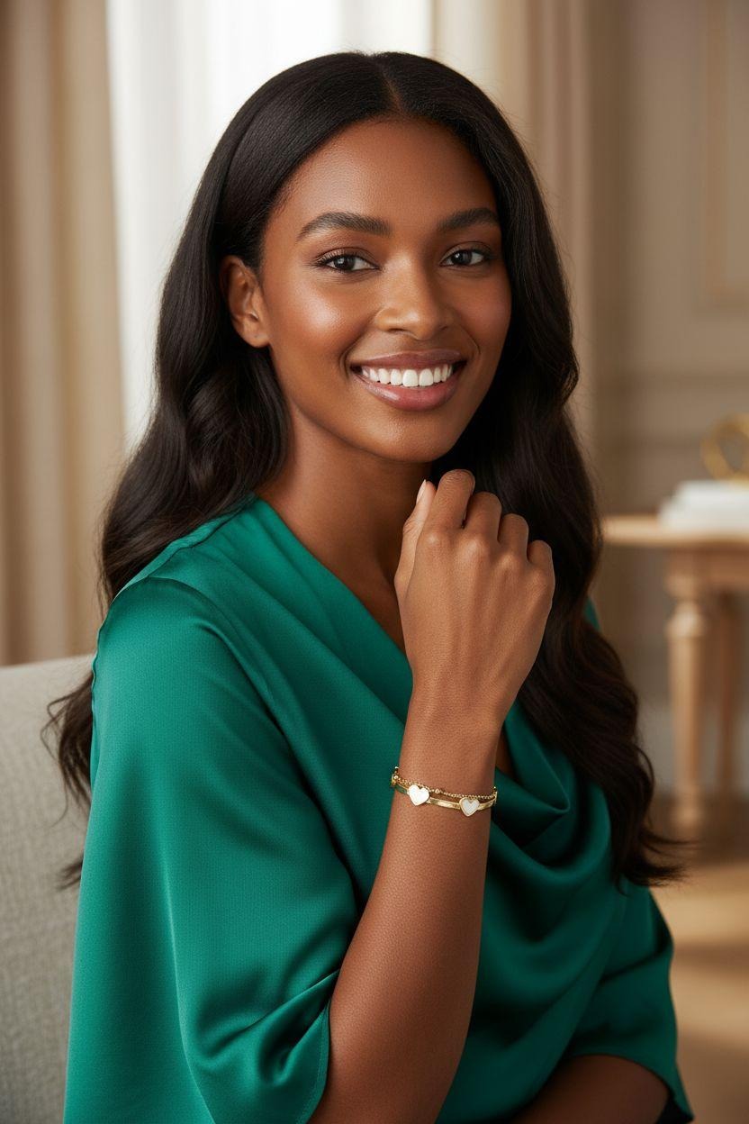 BRACELET EN ACIER DORE DOUBLE MAILLE AVEC COEUR NACRE ET BILLES