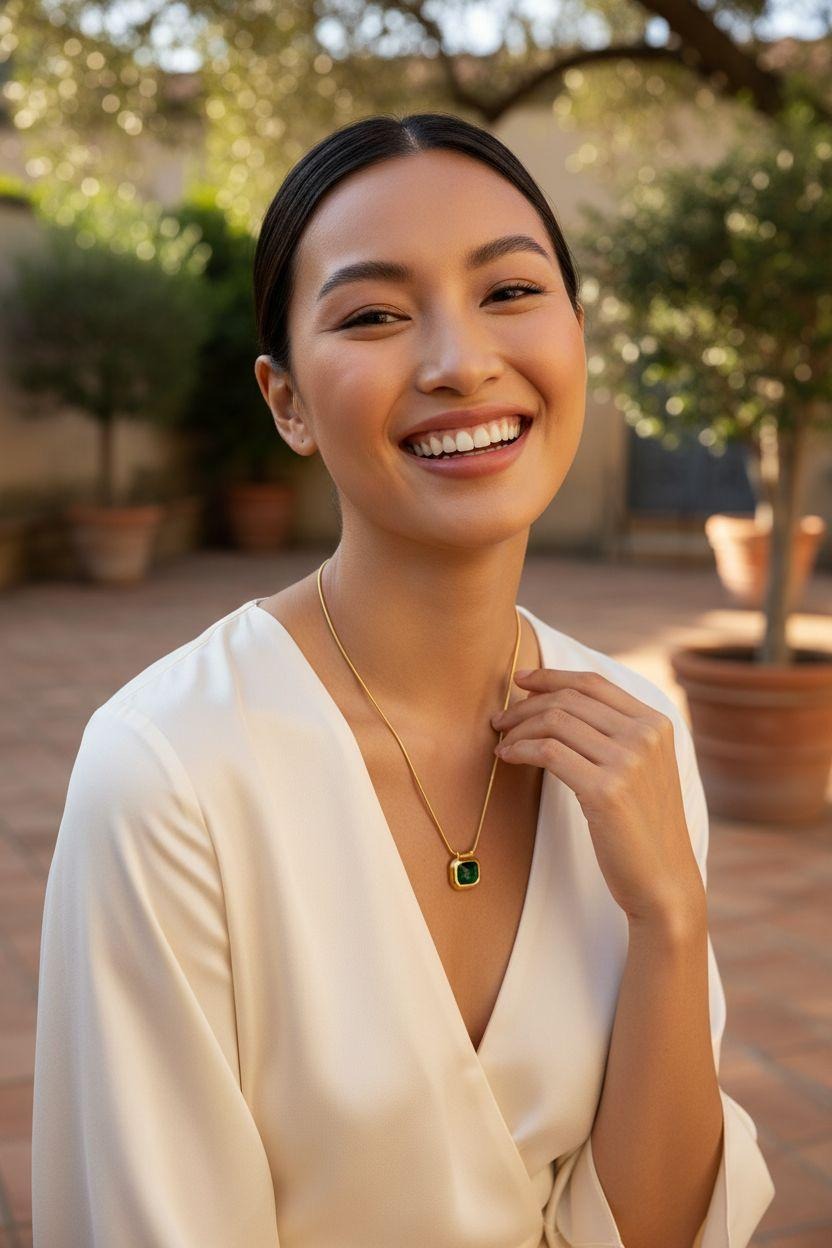 COLLIER EN ACIER DORÉ PENDENTIF RECTANGLE ÉMERAUDE