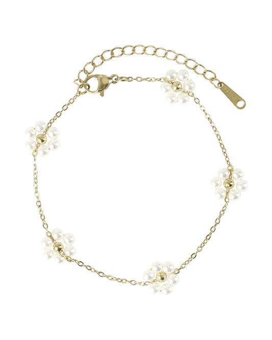Bracelet en acier doré fleurs avec perles