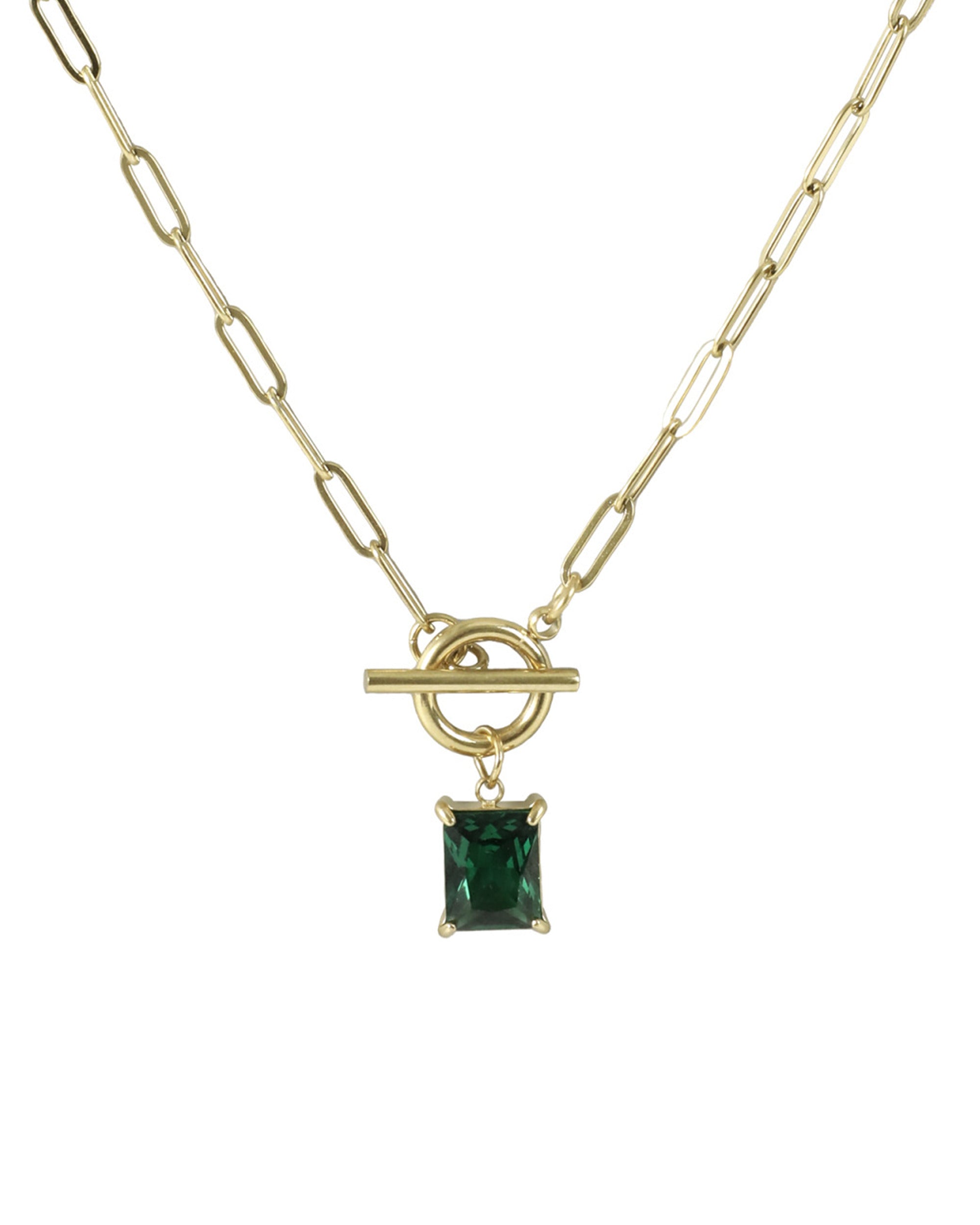 COLLIER EN ACIER DORE AVEC PENDENTIF RECTANGLE EMERAUDE ET FERMOIR BARRE