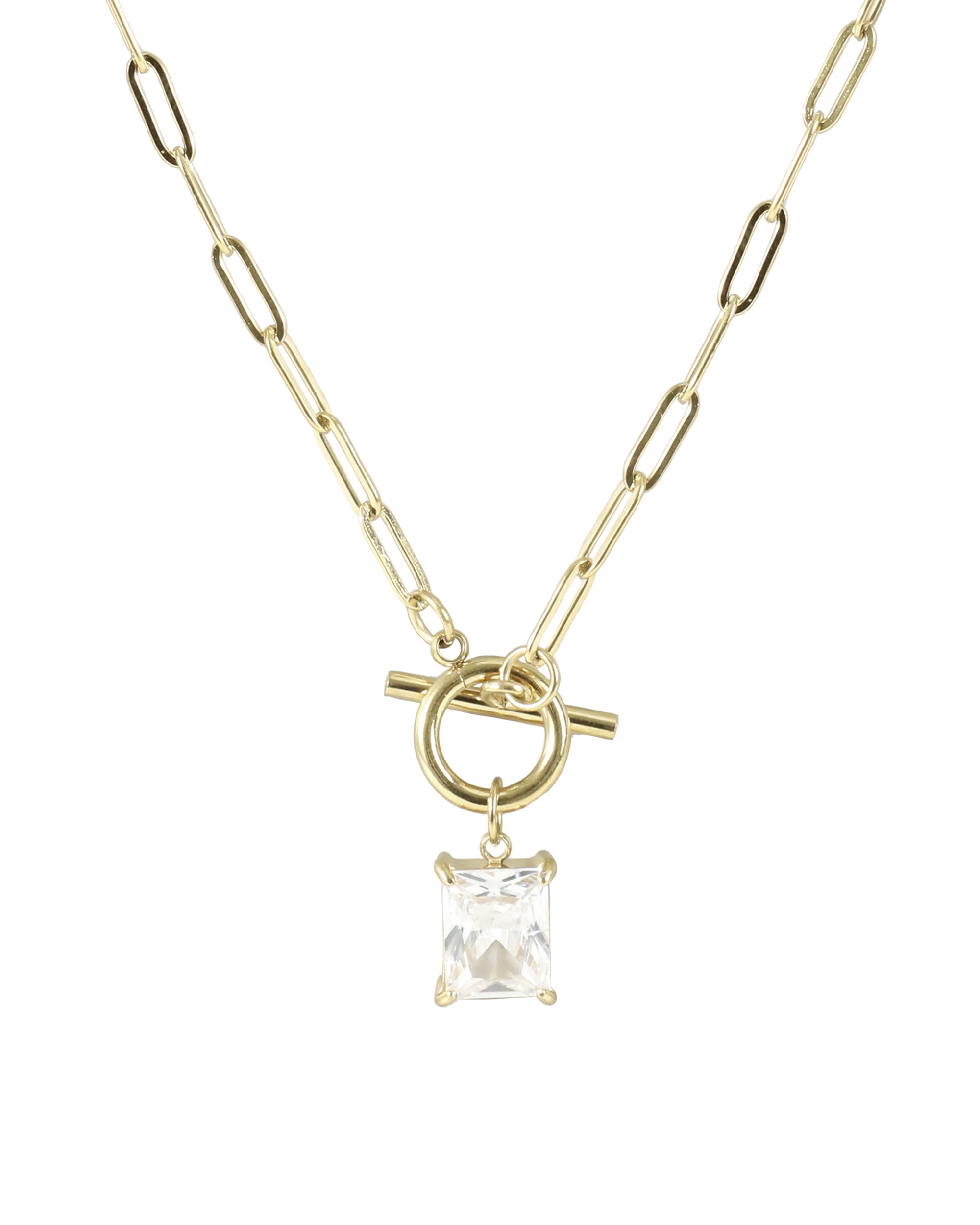 COLLIER EN ACIER DORÉ  PENDENTIF RECTANGLE AVEC ZIRCON BLANC ET FERMOIR BARRE