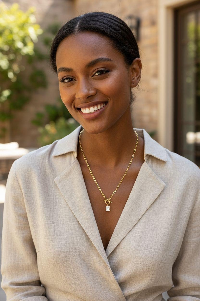 COLLIER EN ACIER DORÉ  PENDENTIF RECTANGLE AVEC ZIRCON BLANC ET FERMOIR BARRE