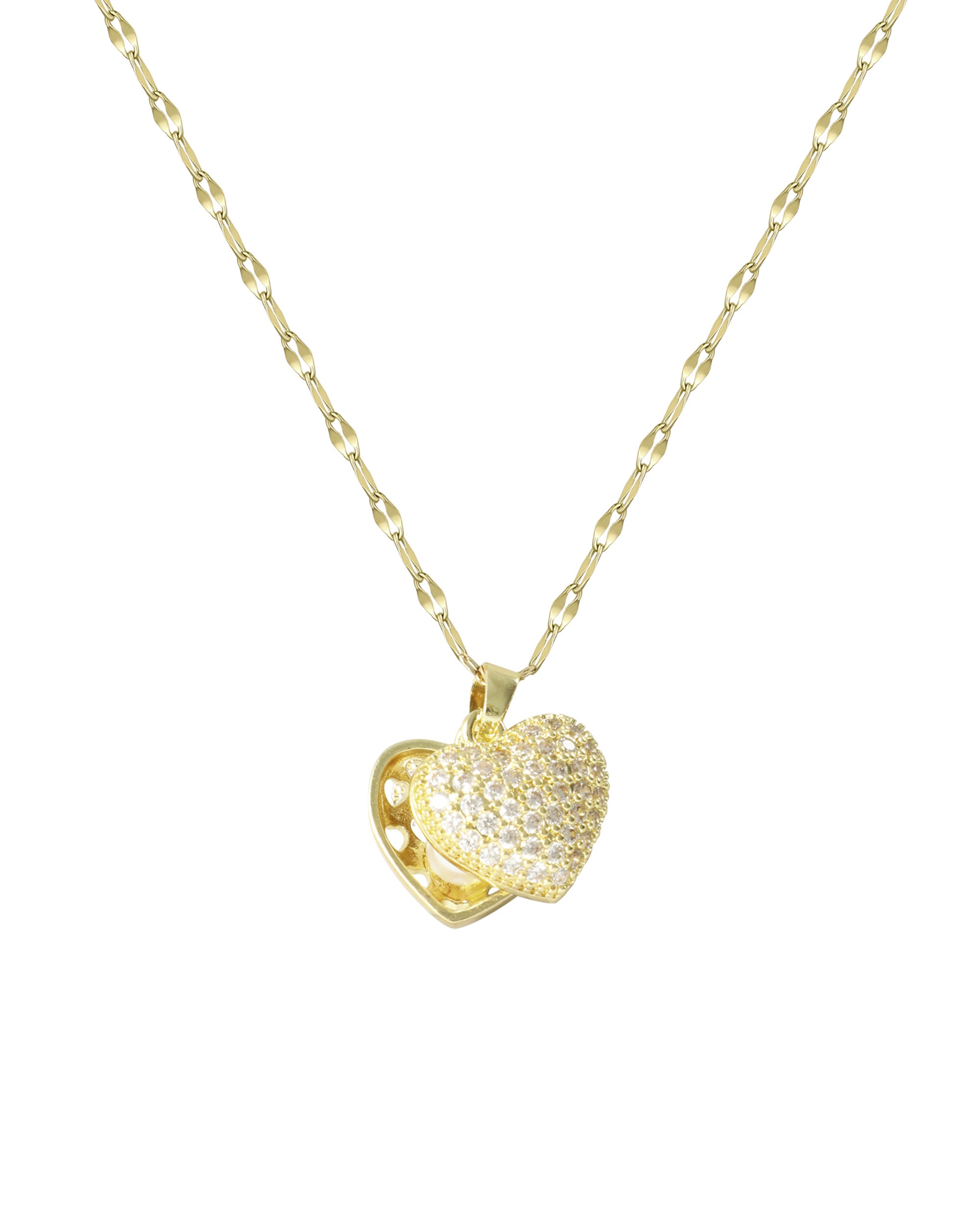 COLLIER EN ACIER DORE  PENDENTIF COEUR OUVERT AVEC PERLE