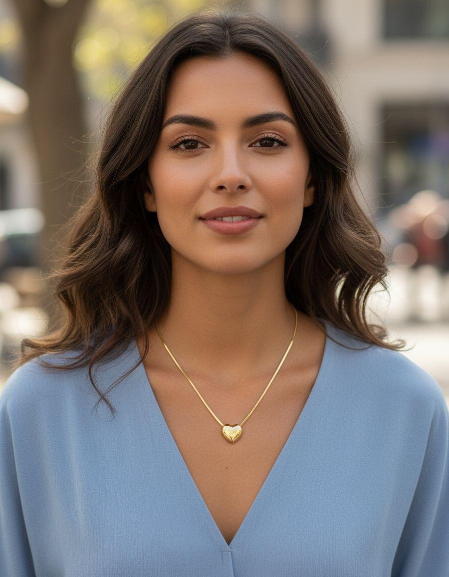 COLLIER EN ACIER DORÉ PENDENTIF COEUR BOMBÉ