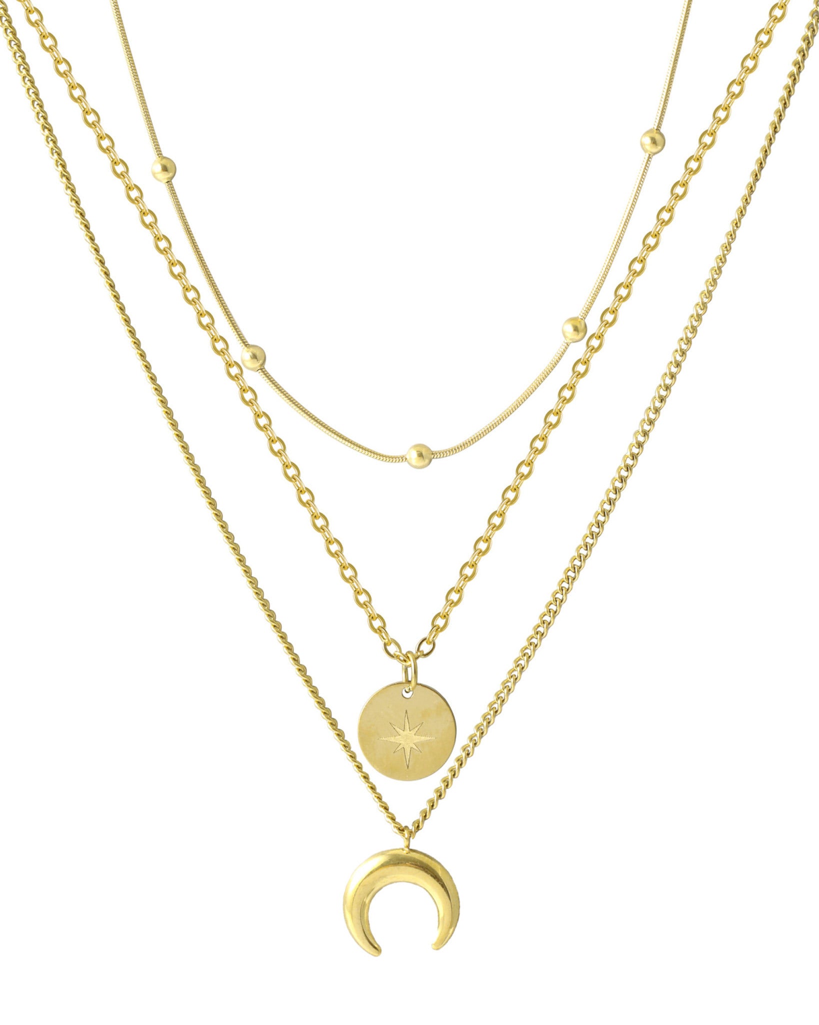 COLLIER EN ACIER DORE TRIPLE MAILLE AVEC PENDENTIF LUNE ET PASTILLE