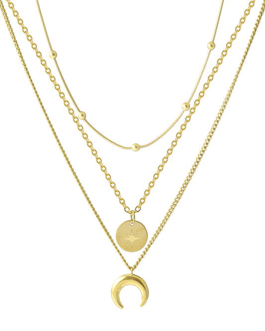 Collier en acier doré triple maille avec pendentif lune et pastille