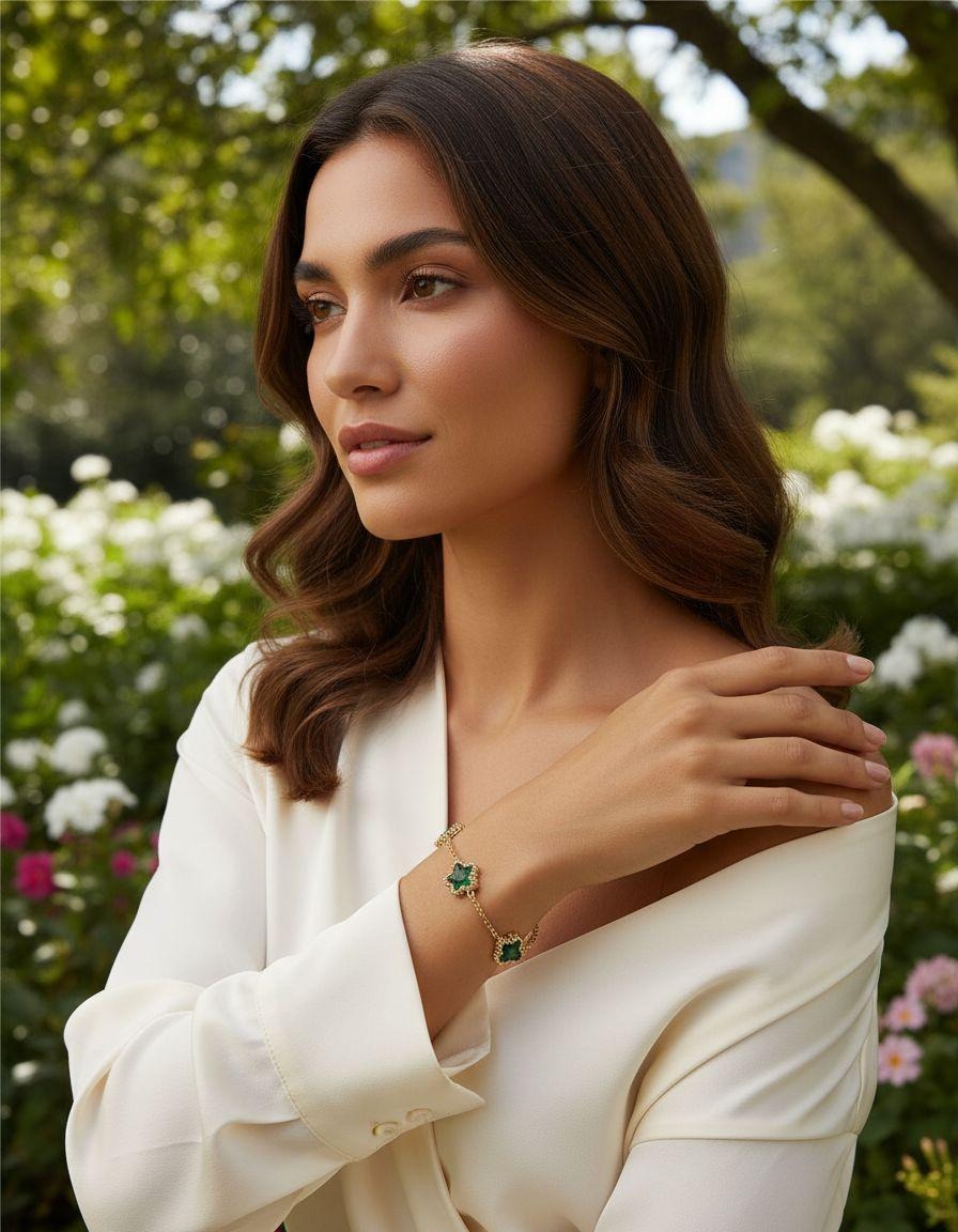 BRACELET EN ACIER DORÉ  AVEC ÉTOILE MARTELÉ ÉMERAUDE