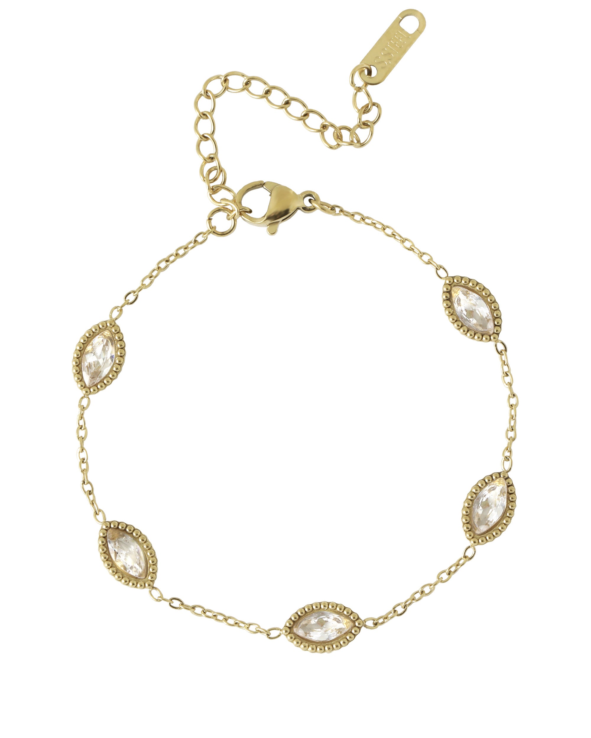 BRACELET EN ACIER DORÉ AVEC OVALES MARTELÉS ET PIERRES BLANCHES