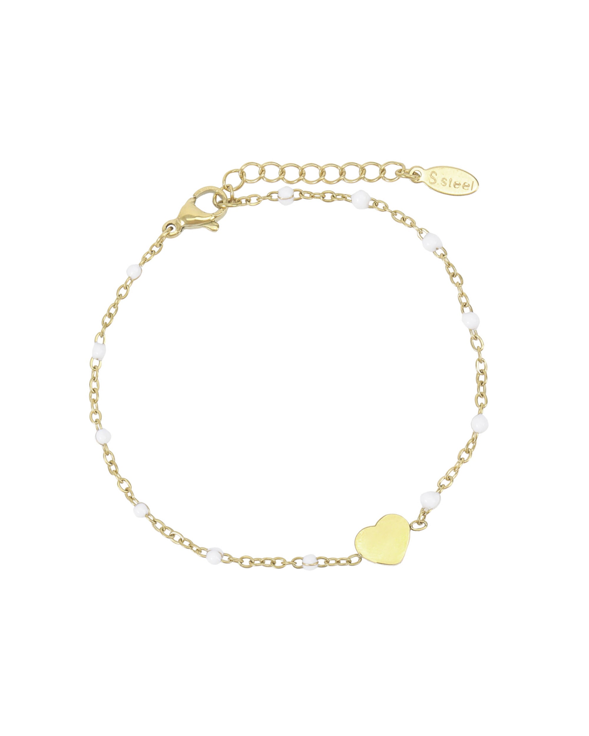 BRACELET EN ACIER DORÉ AVEC PERLES BLANCHES ET COEUR CENTRAL