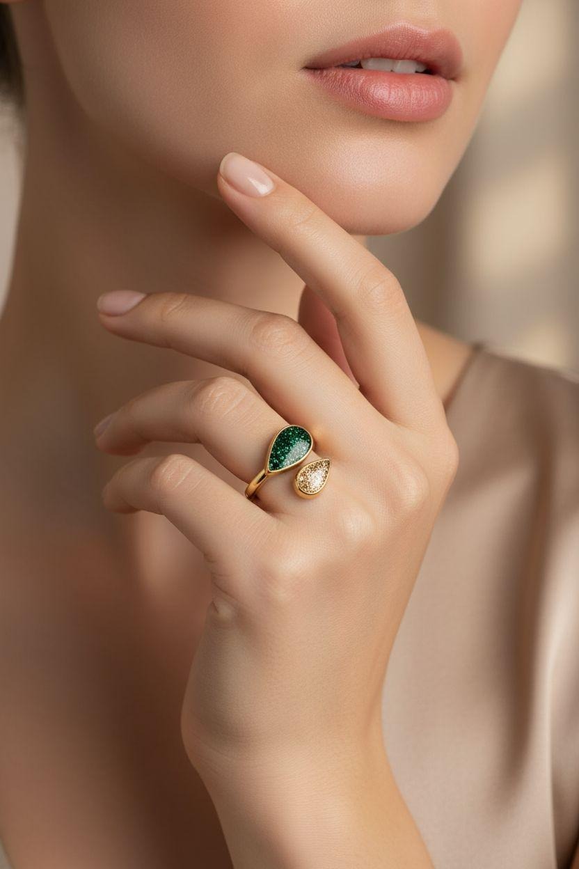 BAGUE EN ACIER DORÉ MOTIF GOUTTES ÉMERAUDE ET OR PAILLETÉES