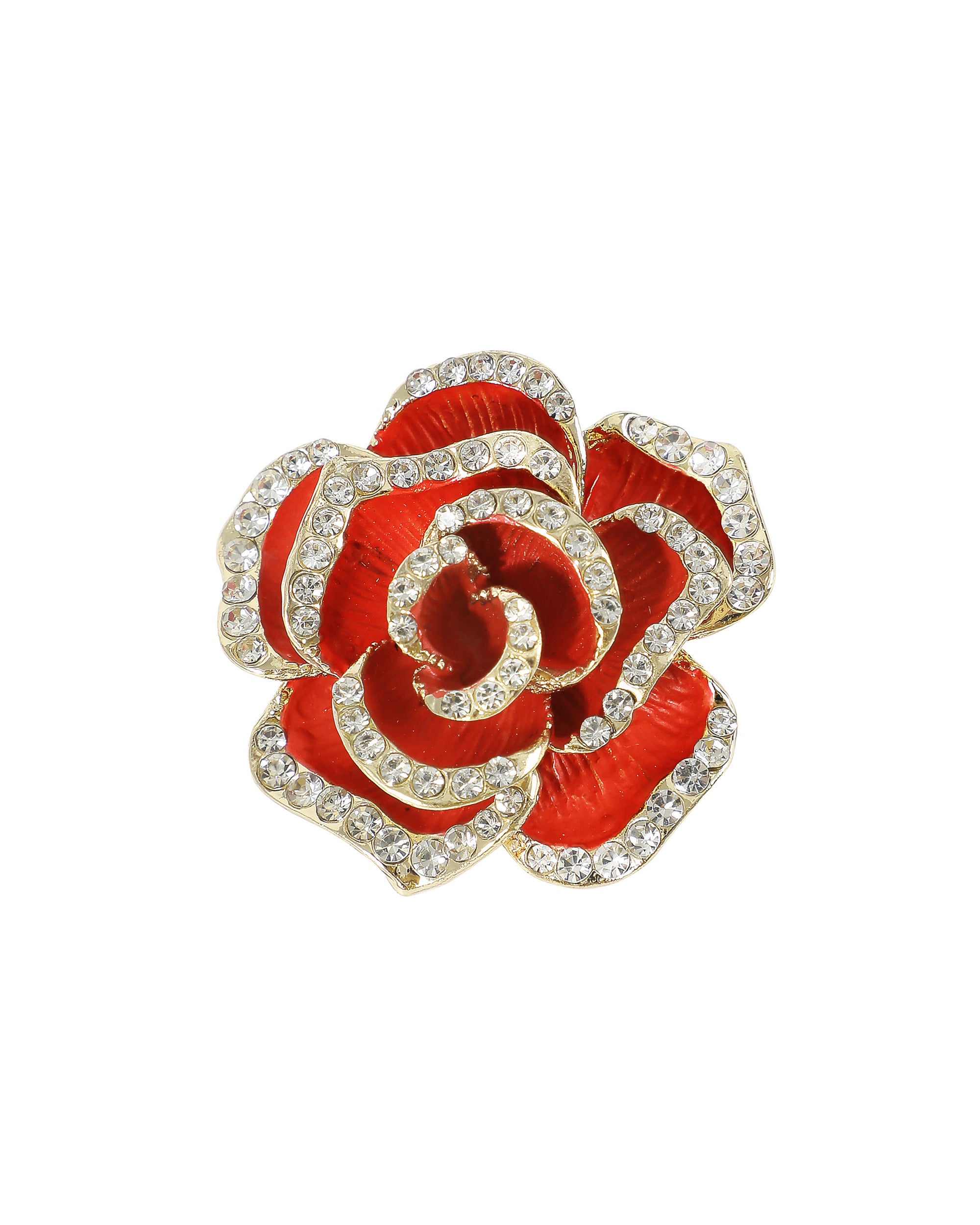 BROCHE EN ACIER DORÉ MOTIF ROSE COULEUR RUBIS AVEC STRASS