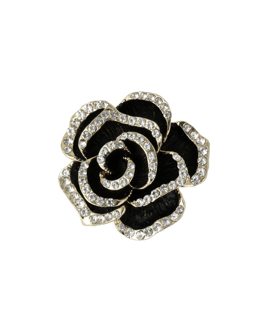 Gouden stalen broche met onyxkleurig rozenmotief en strass-steentjes