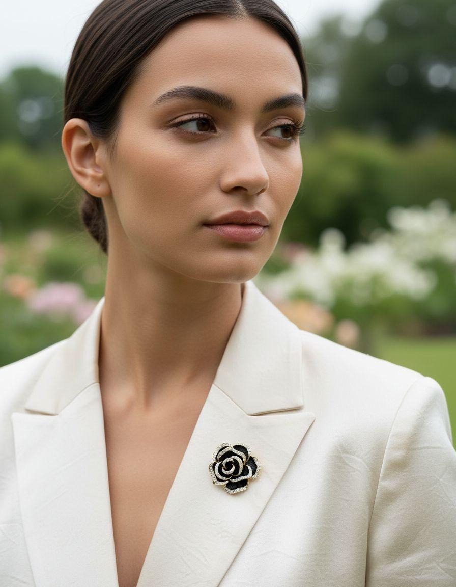 BROCHE EN ACIER DORÉ MOTIF ROSE COULEUR ONYX AVEC STRASS