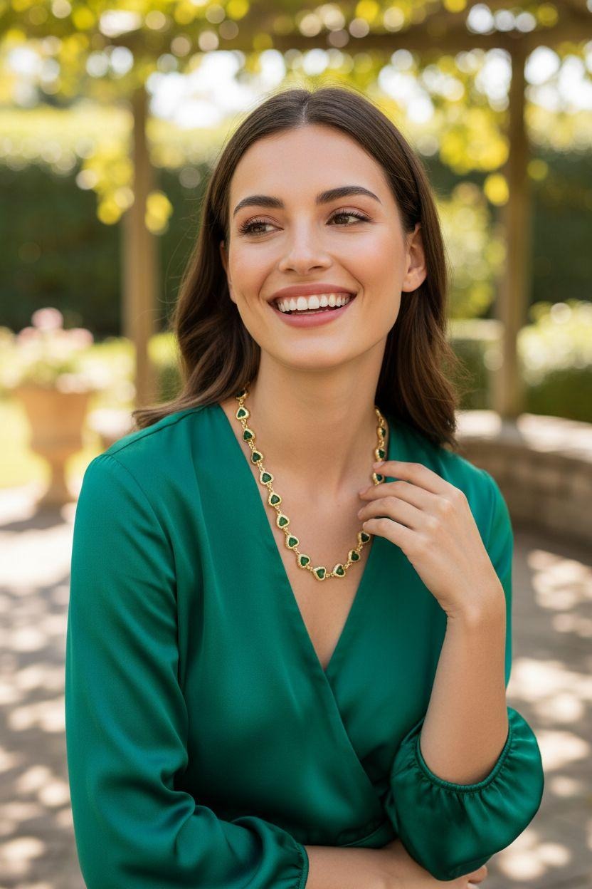 COLLIER EN ACIER DORÉ AVEC COEUR ÉMERAUDE