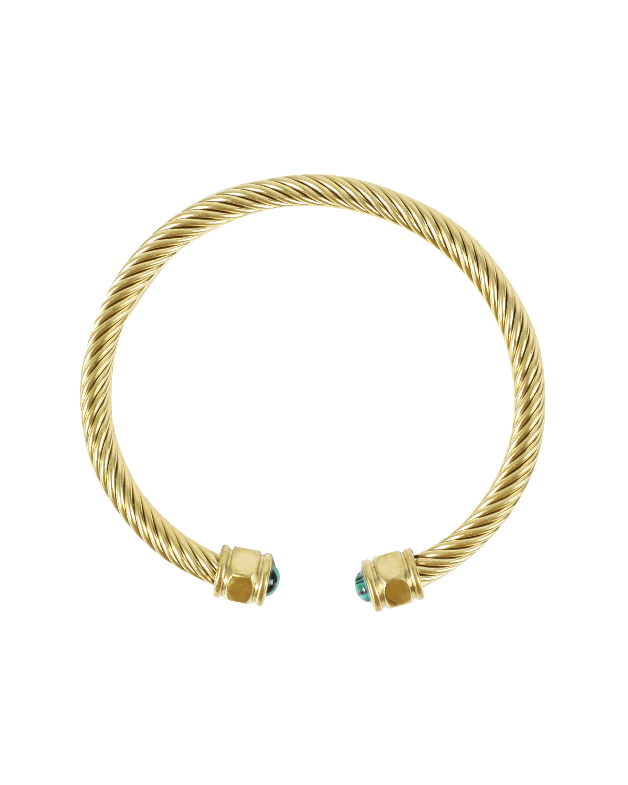 BRACELET EN ACIER DORE RIGIDE  OEIL DE TIGRE ÉMERAUDE