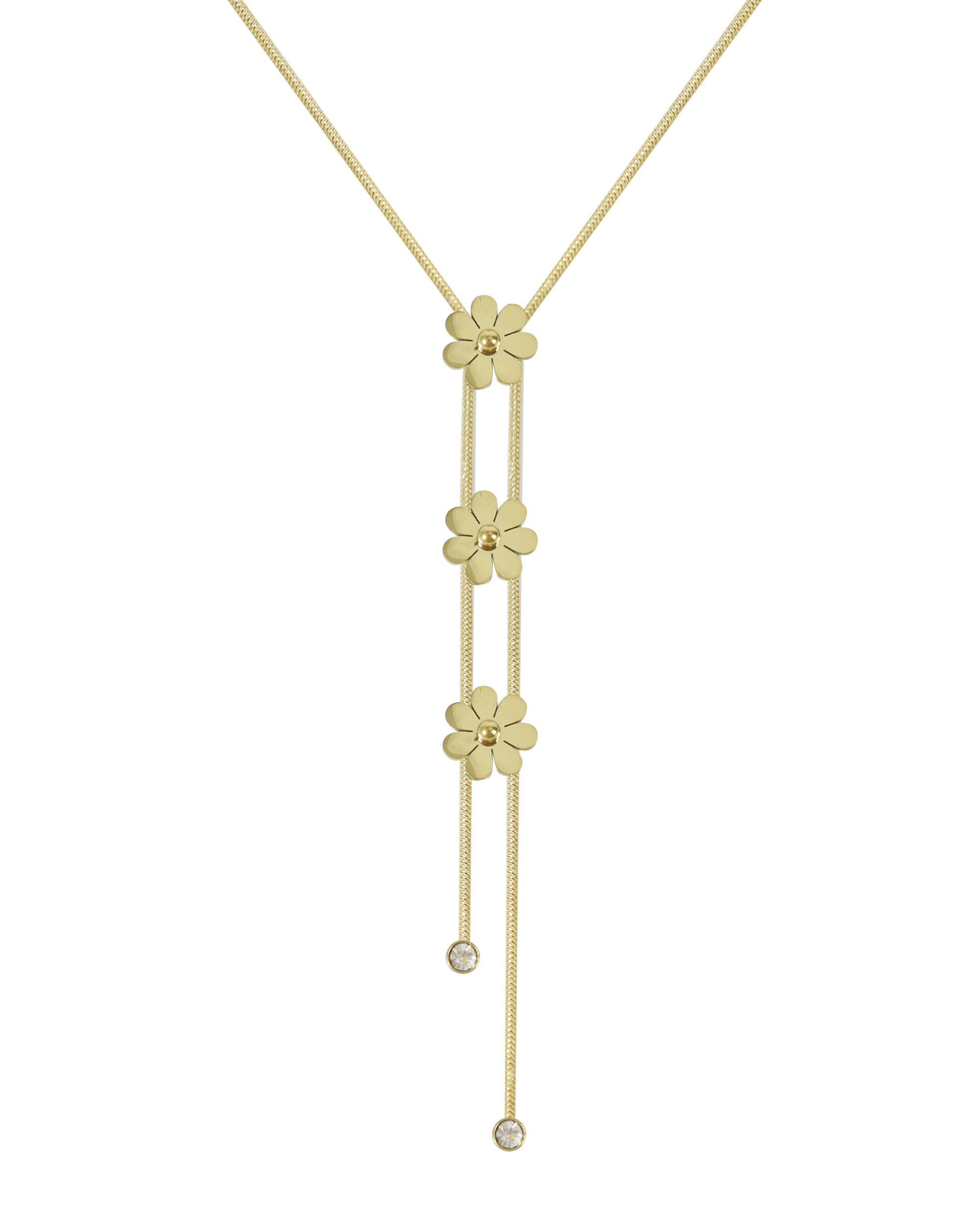 COLLIER EN ACIER DORE TRIO DE FLEURS ET STRASS
