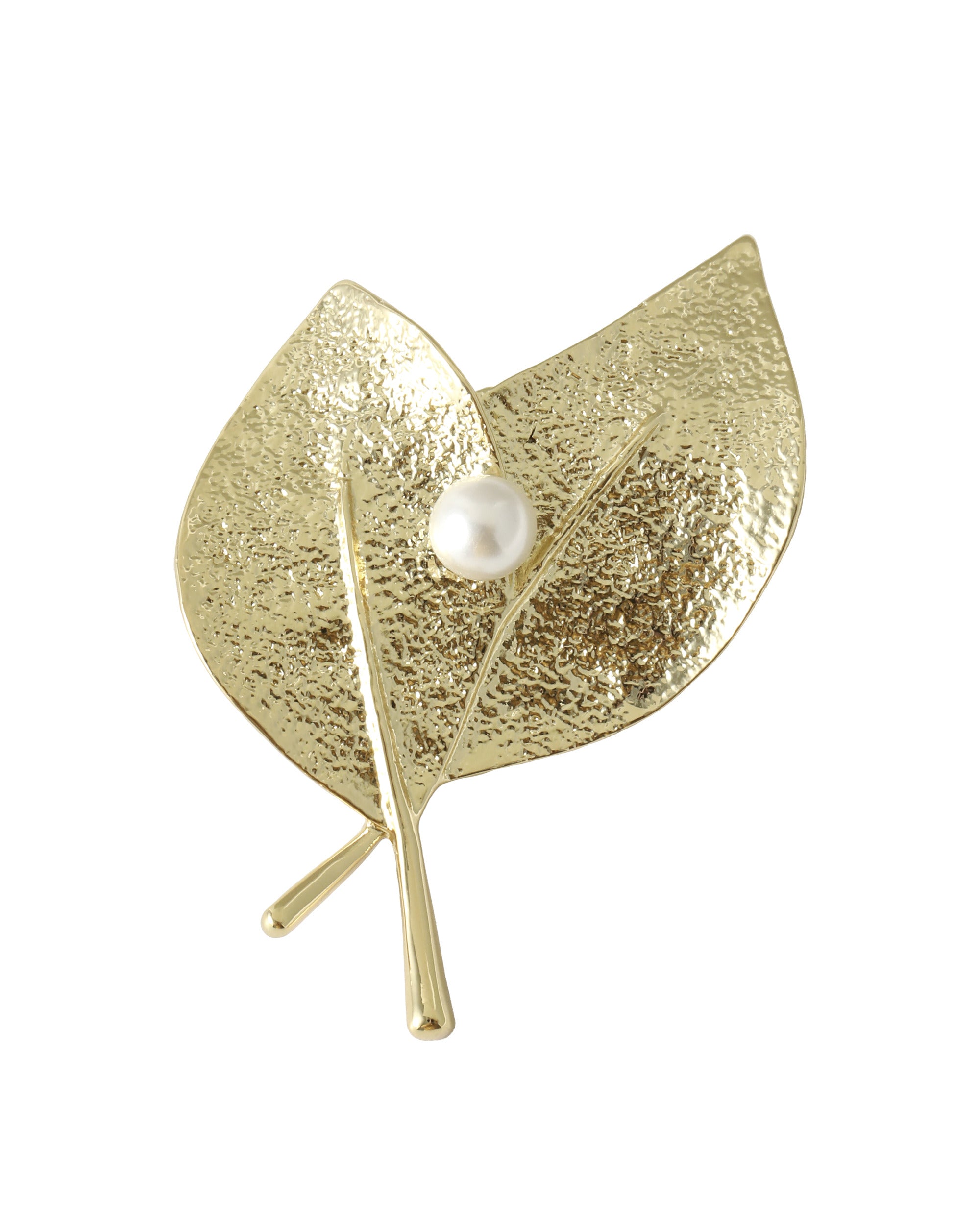 BROCHE EN ACIER DORE DUO DE FEUILLES AVEC PERLE CENTRALE