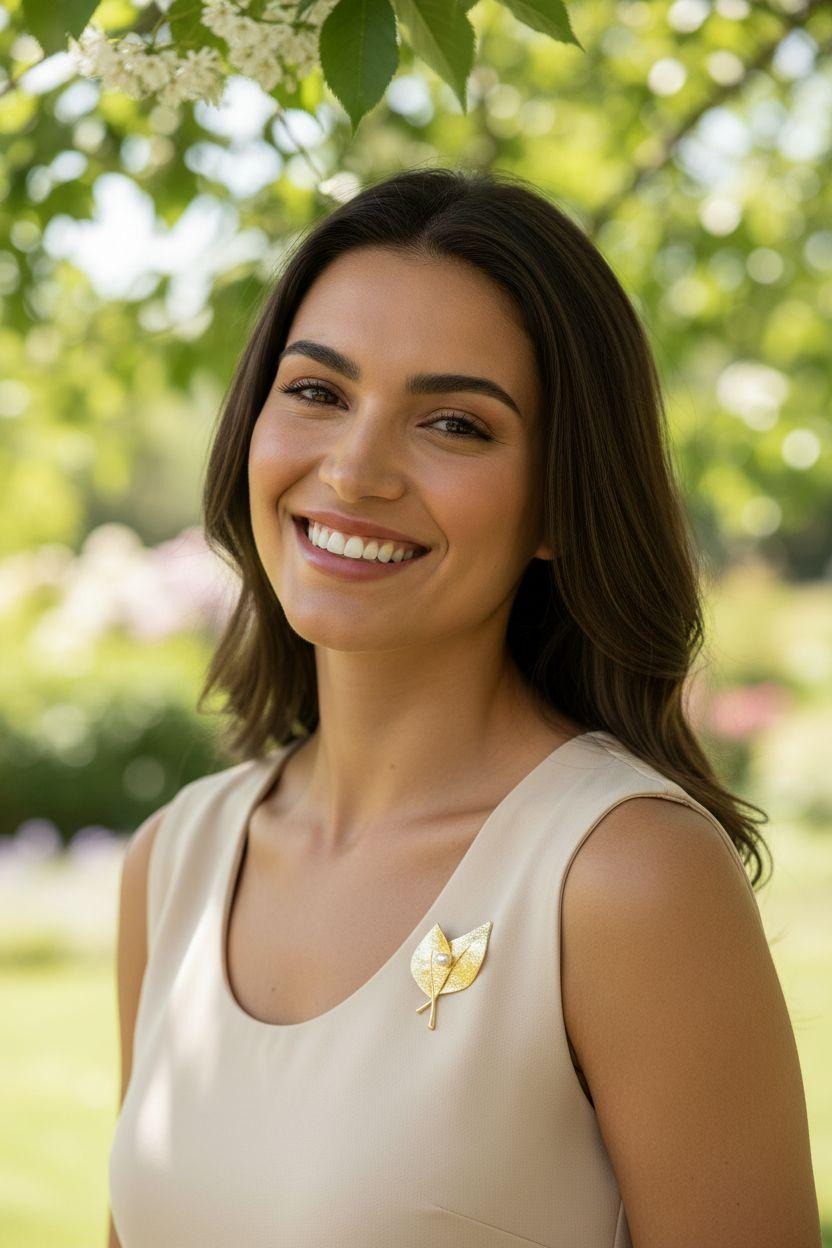 BROCHE EN ACIER DORE DUO DE FEUILLES AVEC PERLE CENTRALE