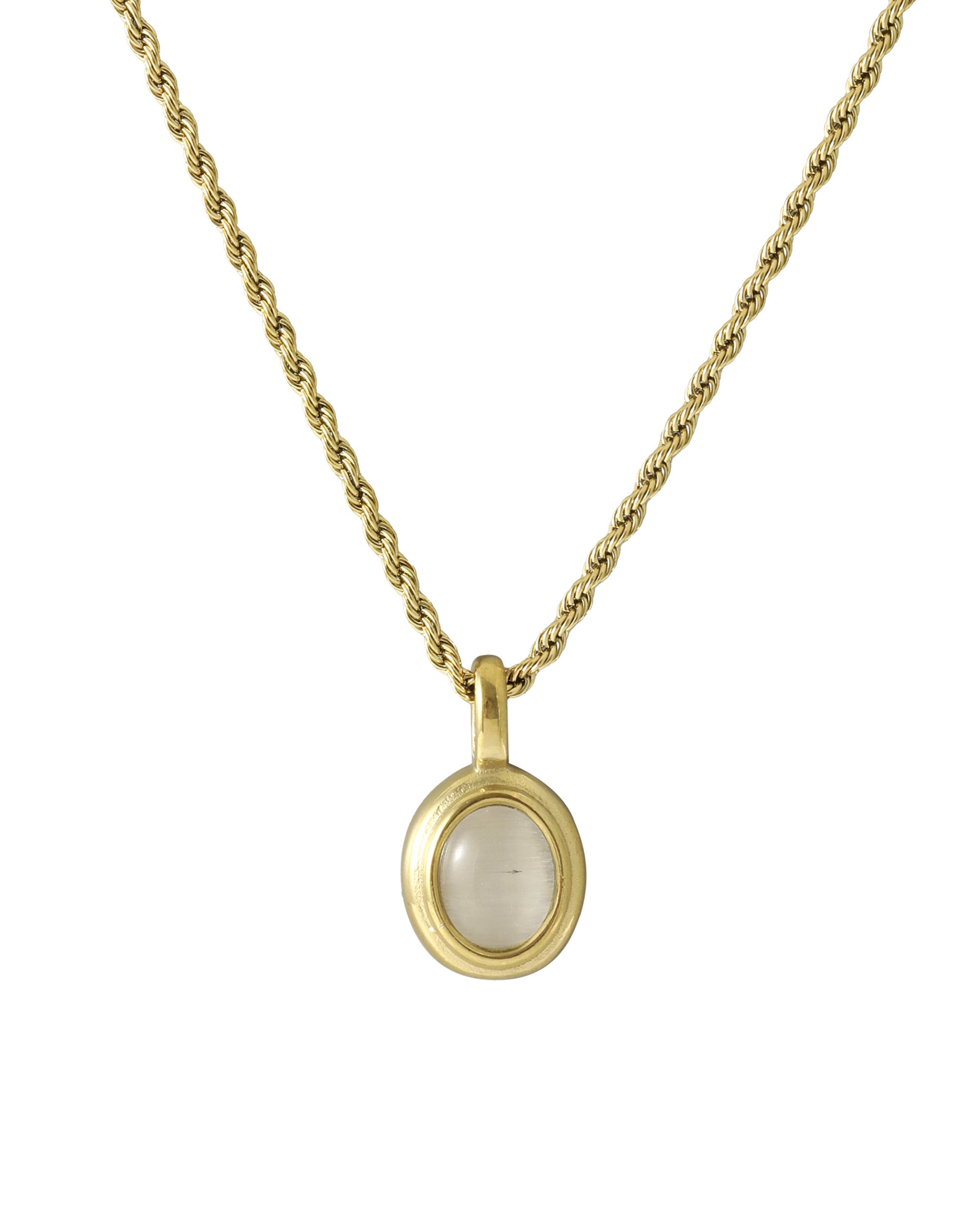 COLLIER EN ACIER DORE PENDENTIF OVALE OEIL DE TIGRE BLANC