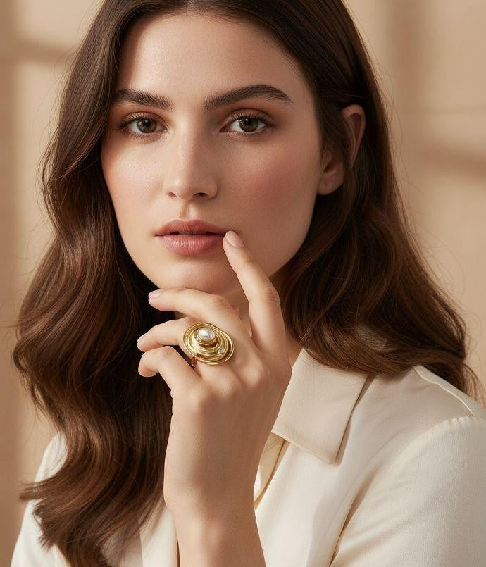 BAGUE EN ACIER DORÉ SPIRALE AVEC PERLE ET STRASS LIGHT BLUE