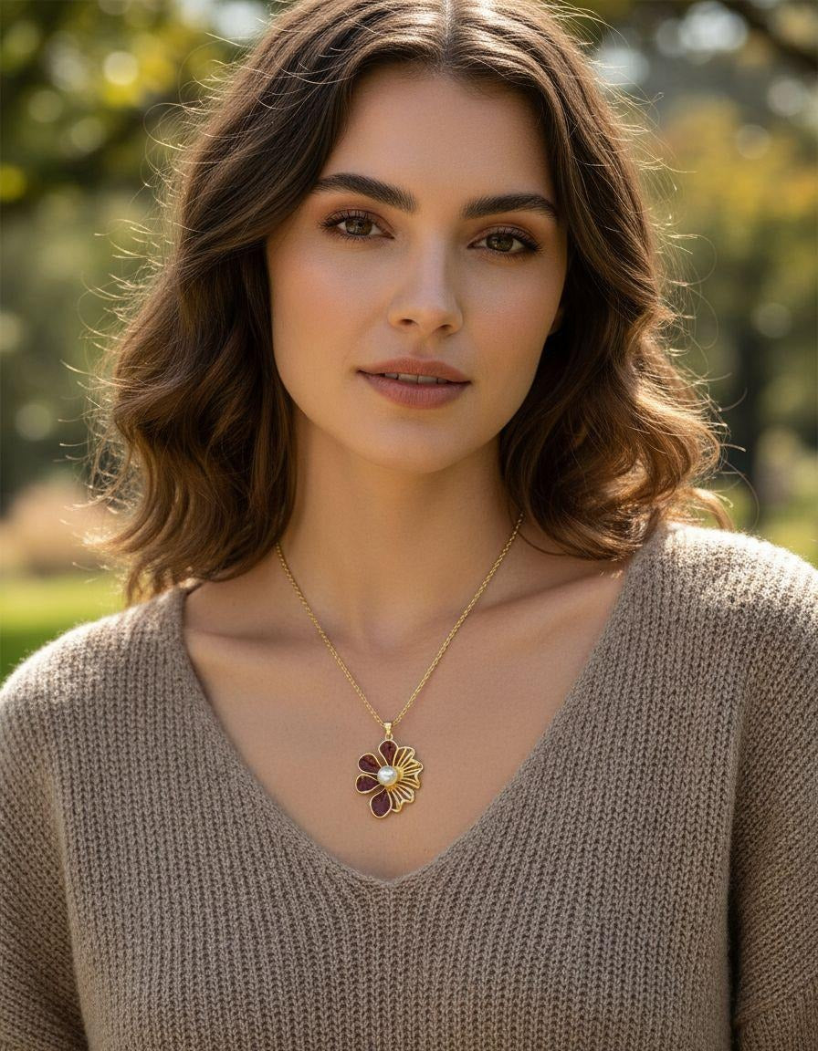 COLLIER EN ACIER DORÉ FLEUR AJOURÉE AVEC PERLE CENTRALE