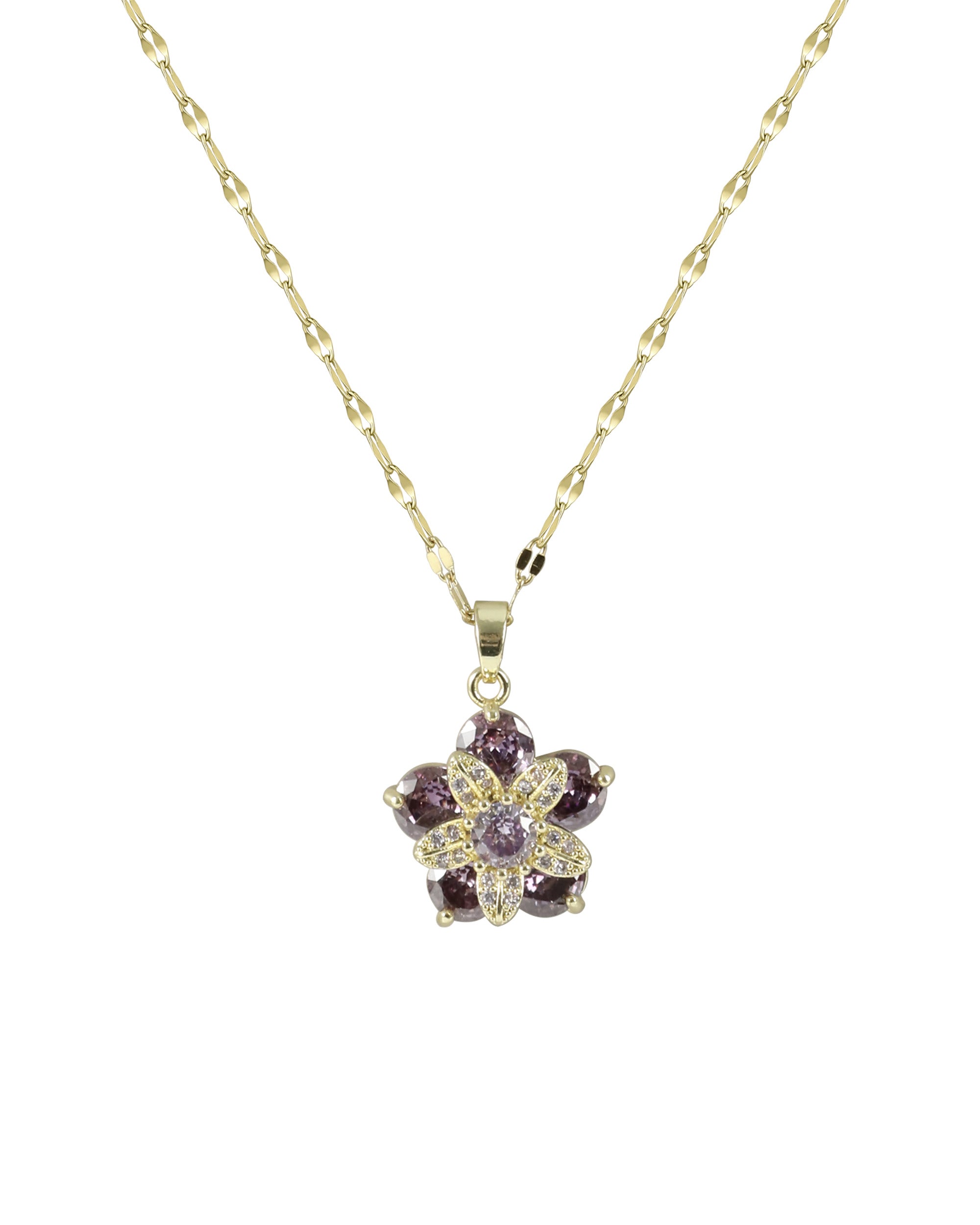 COLLIER EN ACIER DORÉ PENDENTIF FLEUR AMÉTHYSTE  EN ZIRCONIUM ROTATIVE
