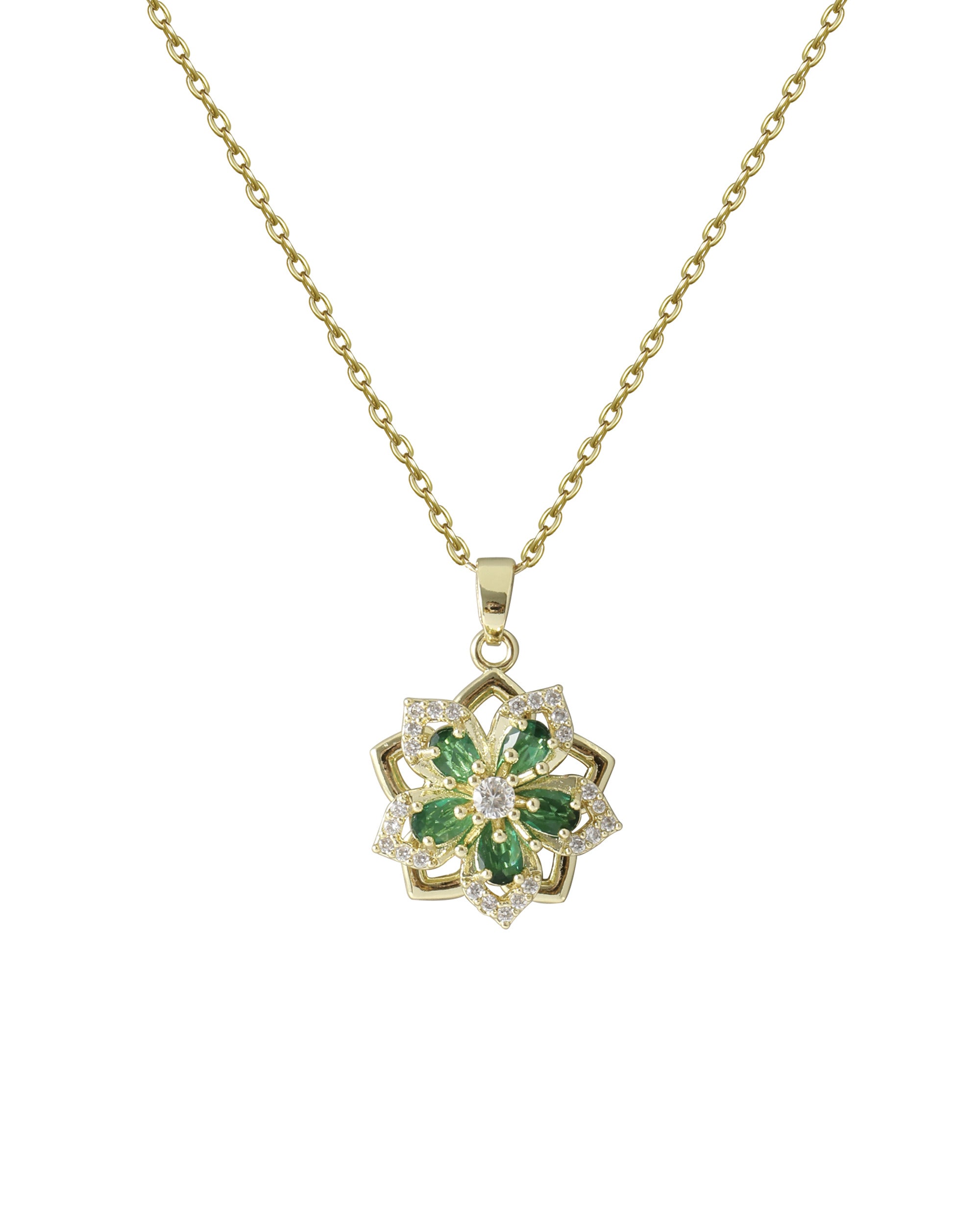 COLLIER EN ACIER DORÉ PENDENTIF FLEUR ÉMERAUDE EN ZIRCONIUM