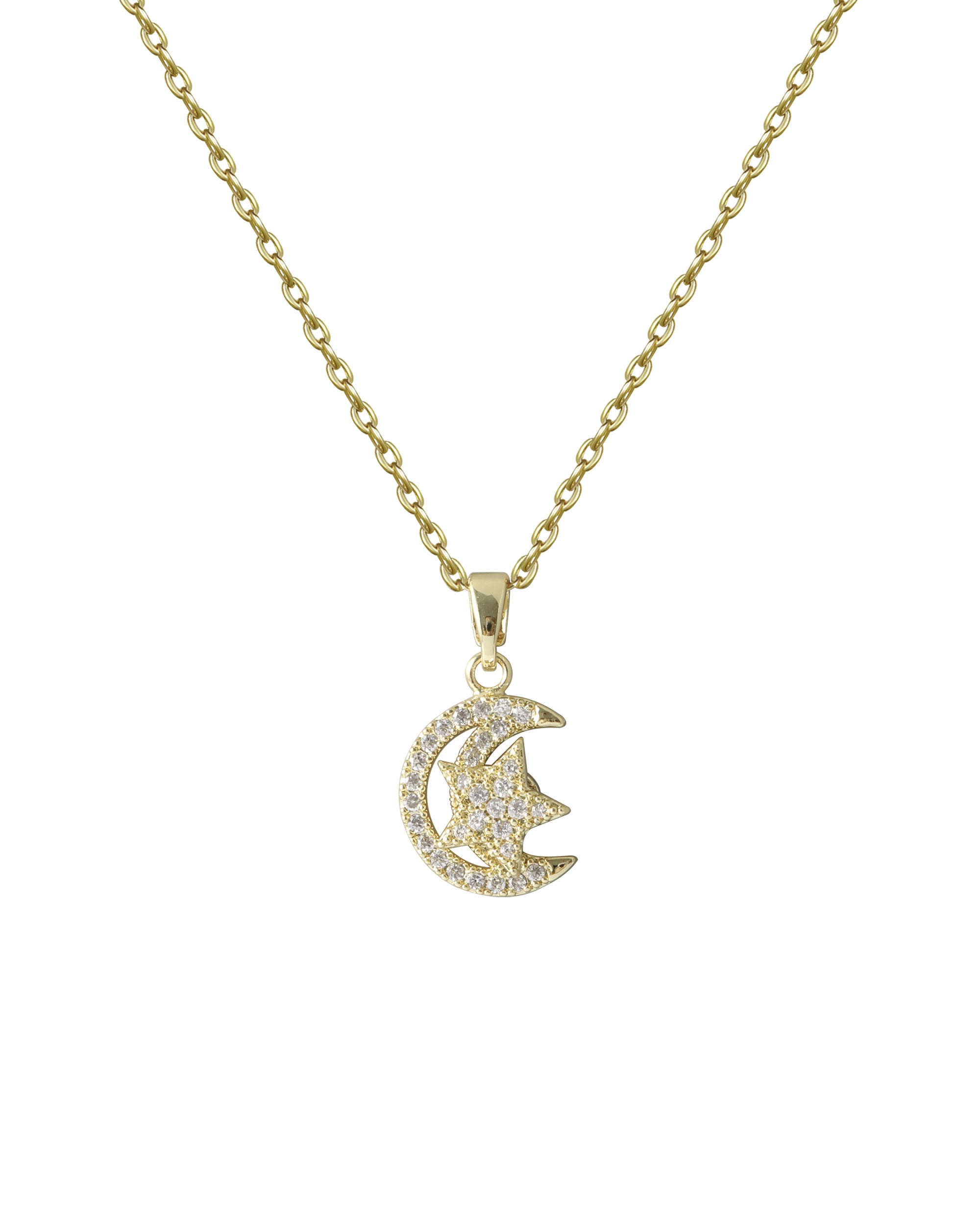 COLLIER EN ACIER DORE PENDENTIF LUNE AVEC ETOILE