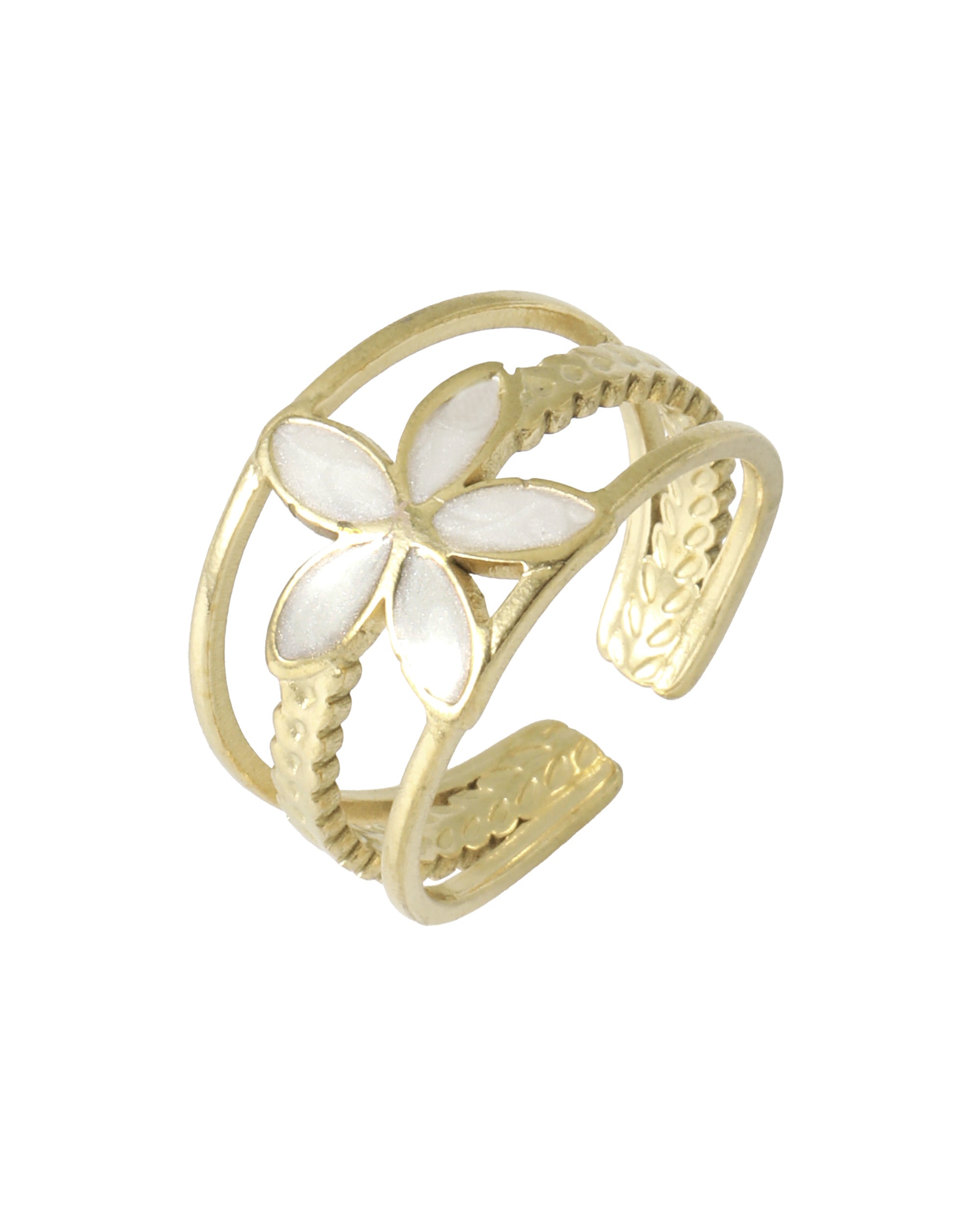 BAGUE EN ACIER DORÉ TRIPLES LIGNE AVEC FLEUR NACRE