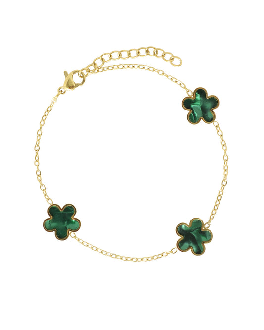 Bracelet en acier doré avec fleur nacre couleur émeraude