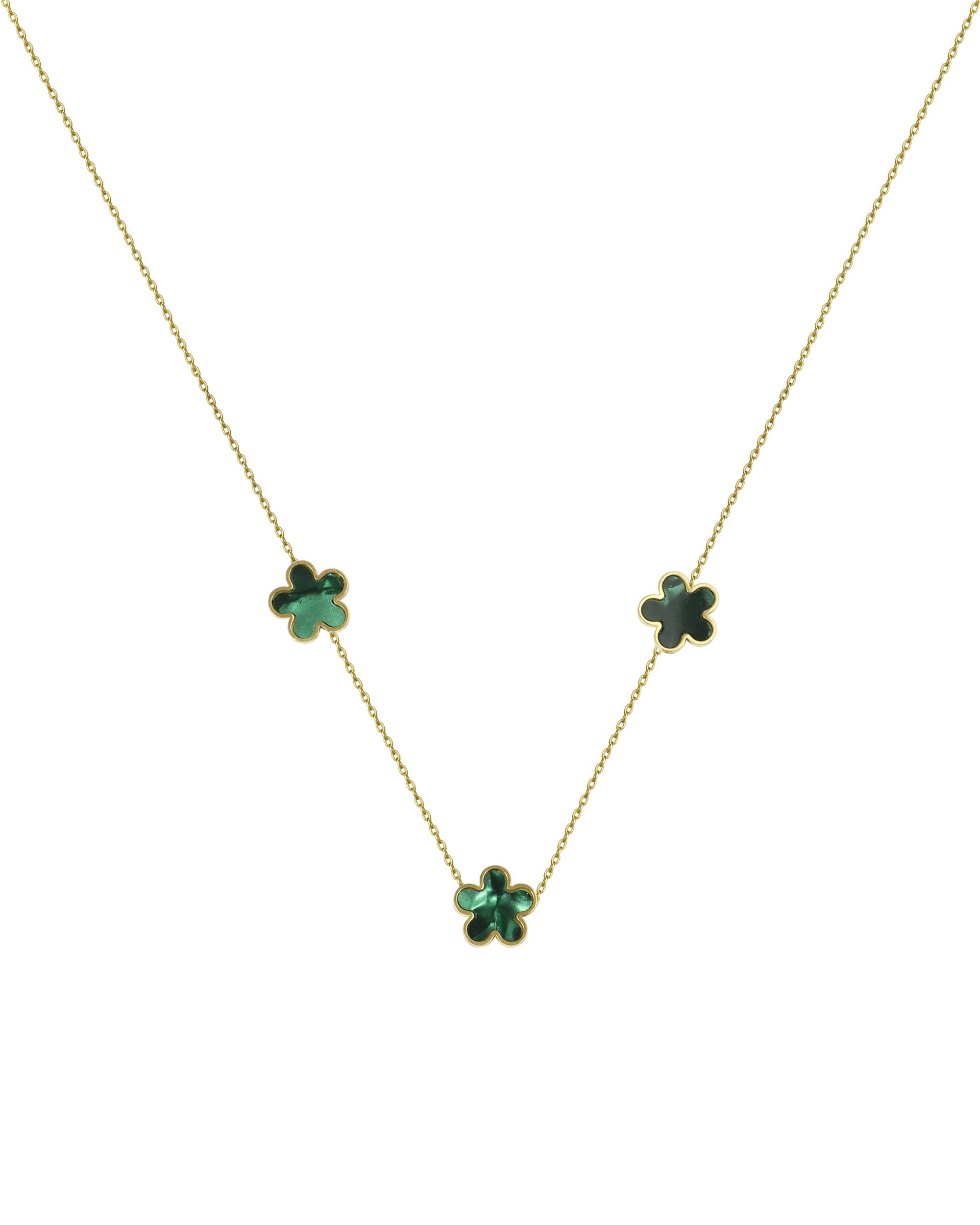 COLLIER EN ACIER DORÉ AVEC FLEUR NACRE COULEUR ÉMERAUDE