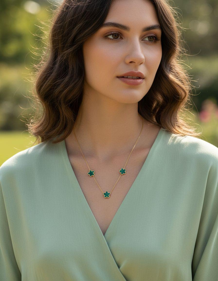 COLLIER EN ACIER DORÉ AVEC FLEUR NACRE COULEUR ÉMERAUDE