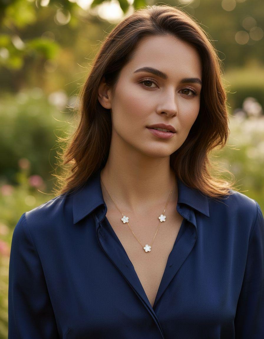 COLLIER EN ACIER DORÉ AVEC FLEUR NACRE BLANC